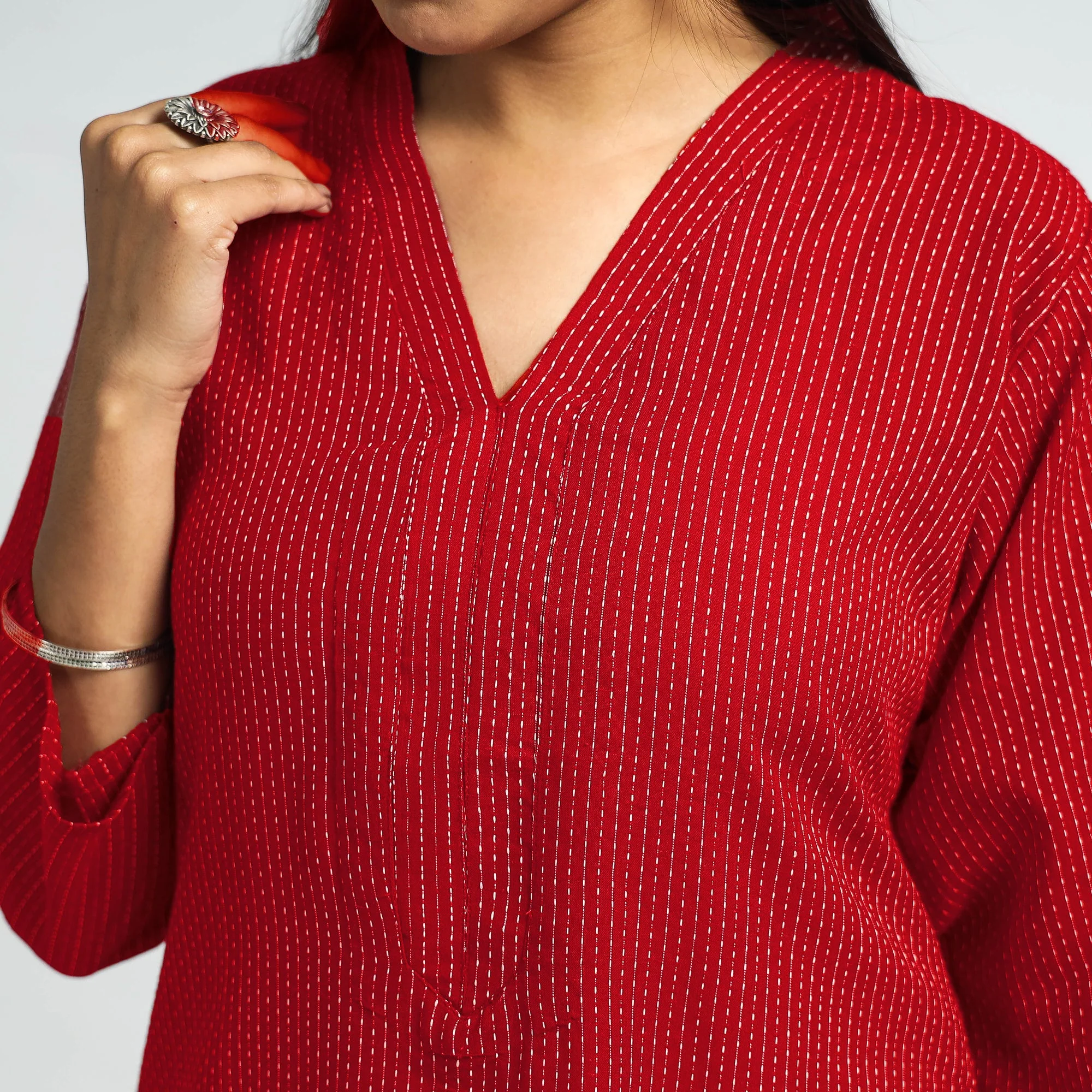 Maroon - Running Stitch Cotton Long Straight Kurta - Image 4