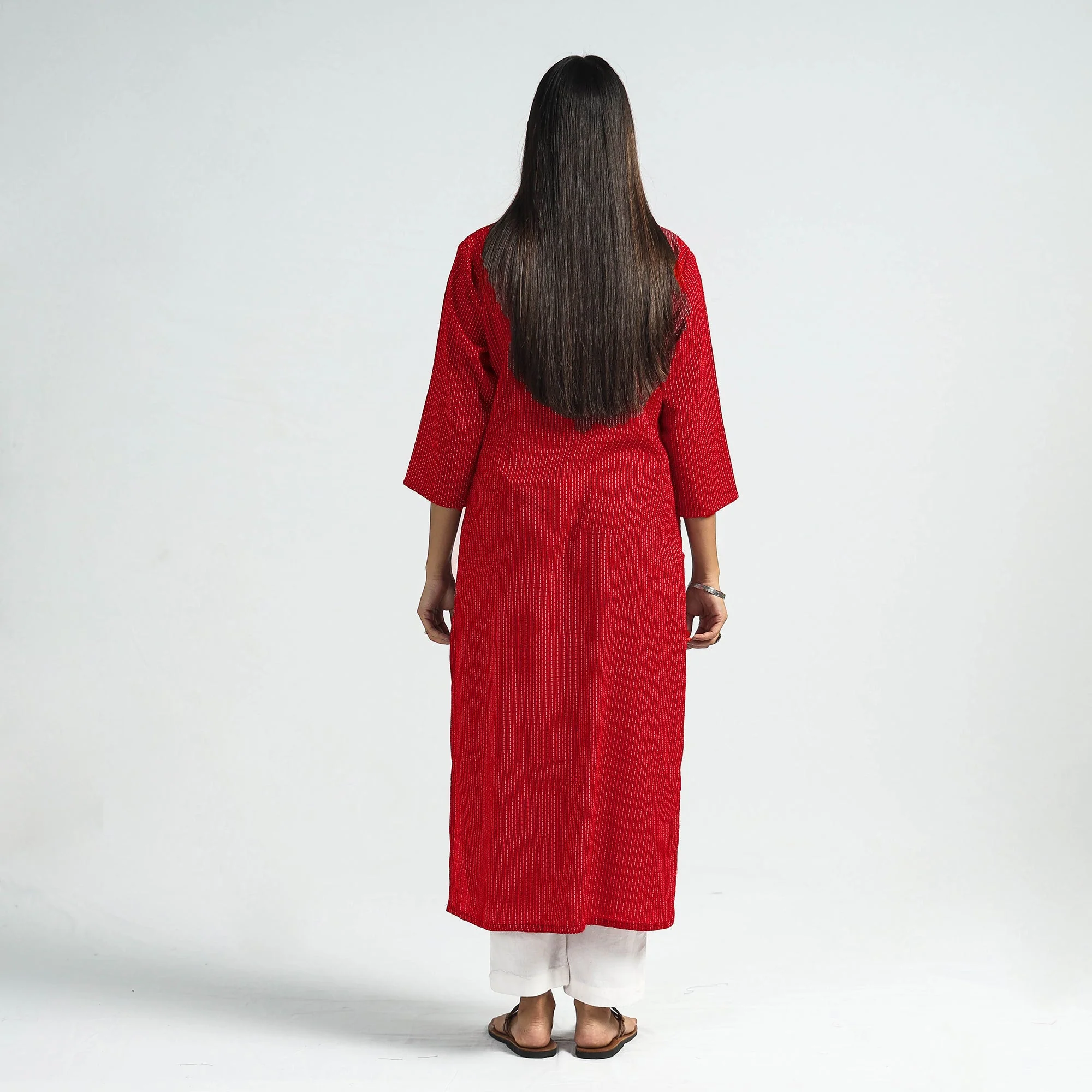 Maroon - Running Stitch Cotton Long Straight Kurta - Image 6