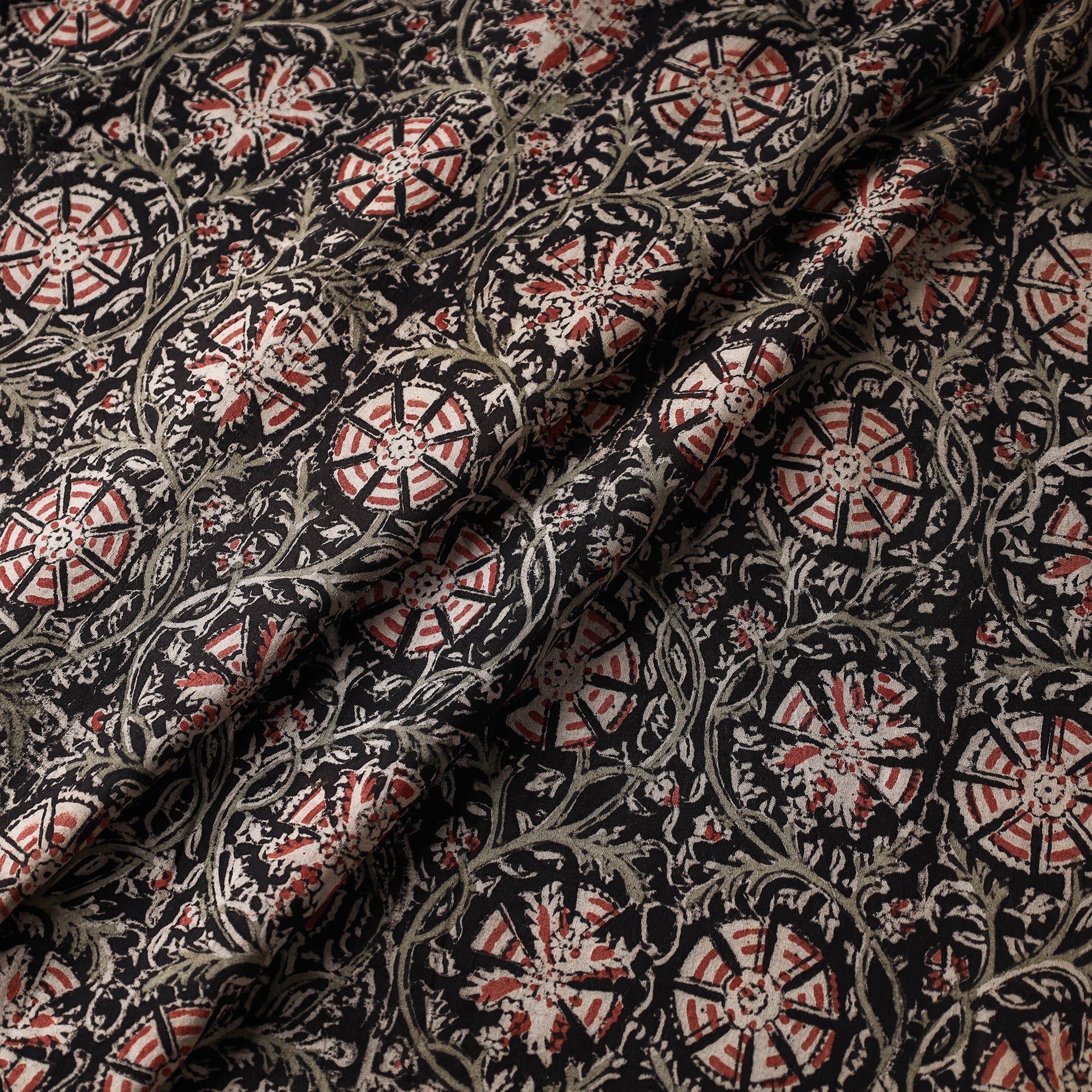 Black - Kalamkari Block Printed Cotton Fabric - Image 2