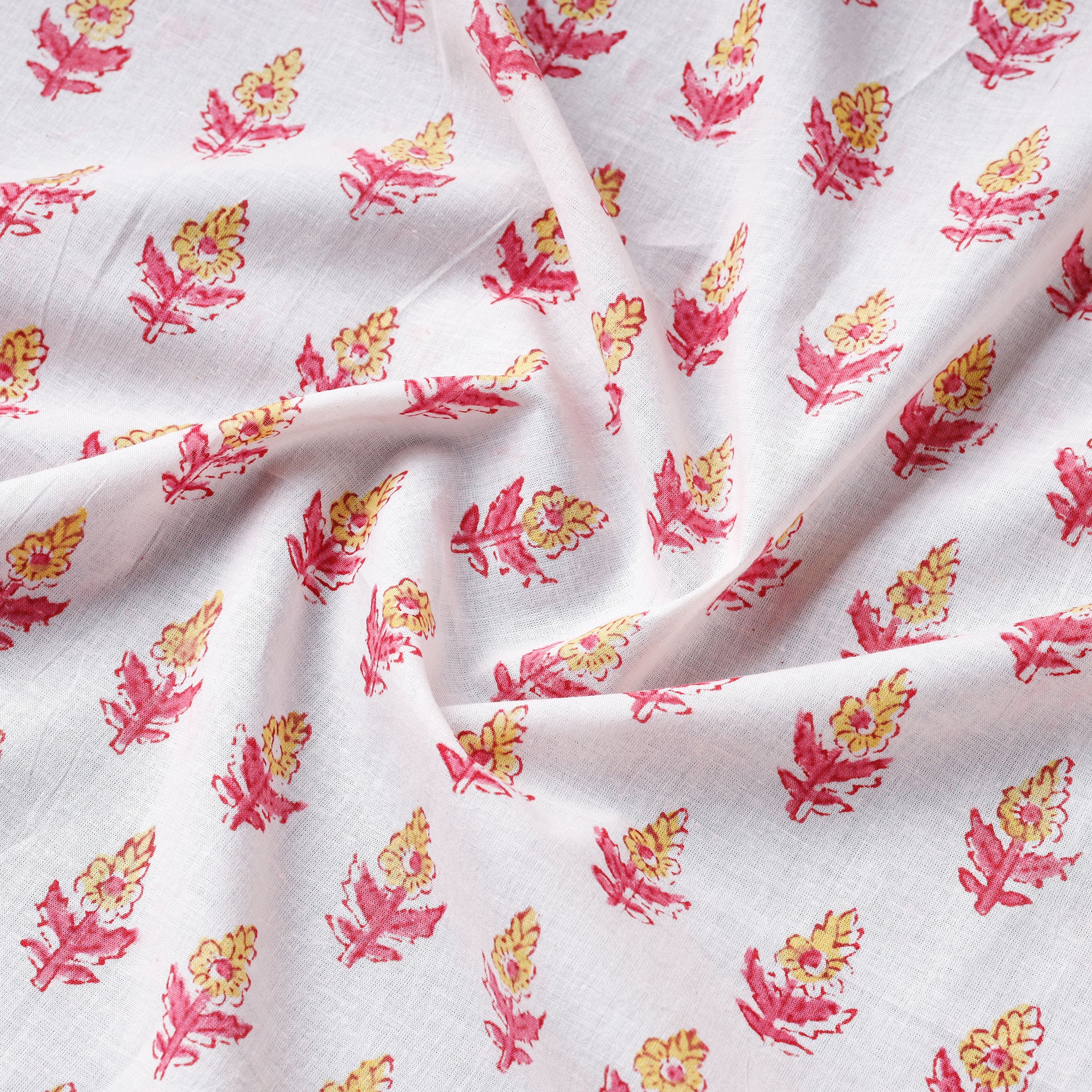 White - Sanganeri Block Printed Cotton Fabric - Image 3
