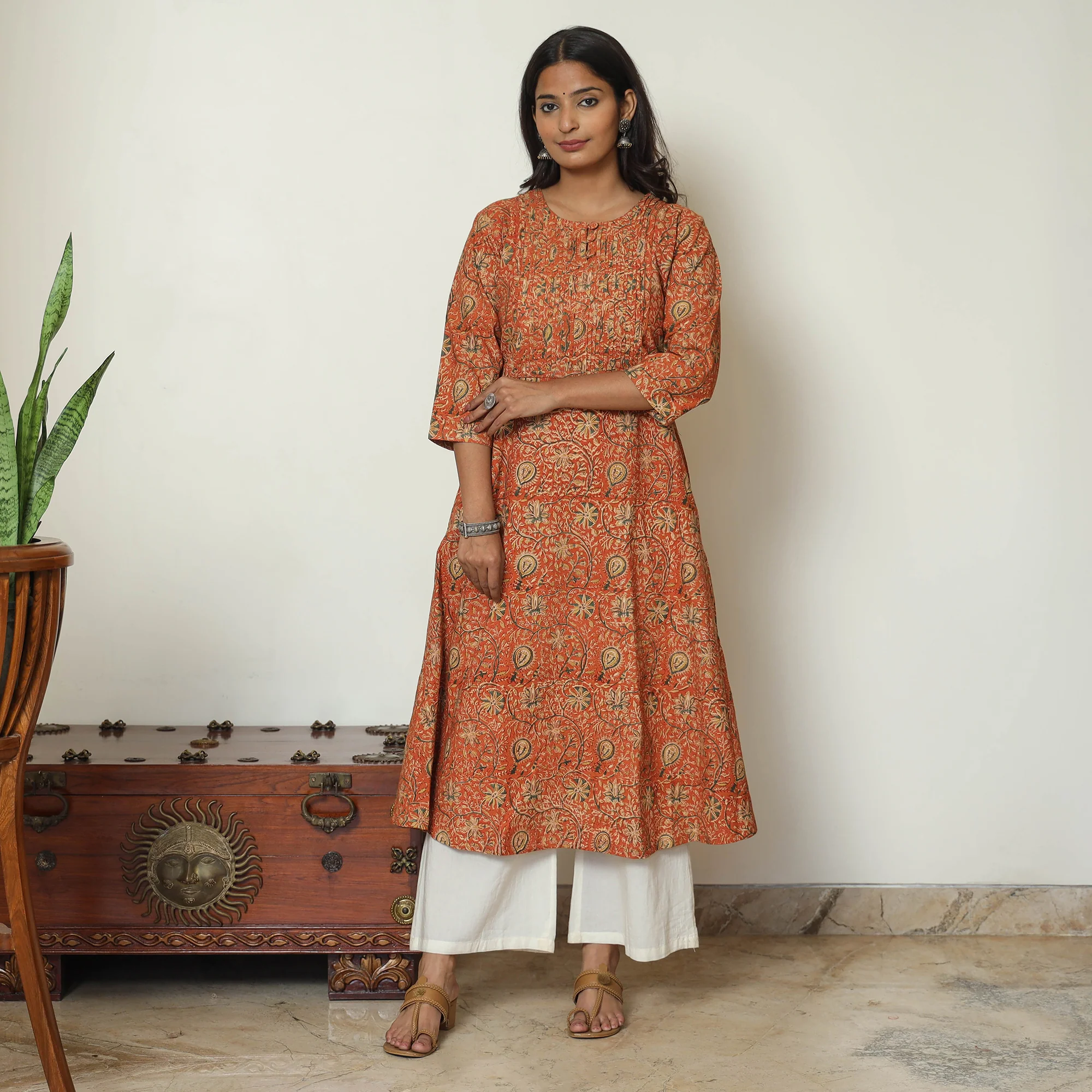 Orange - Pedana Kalamkari Hand Block Printed Cotton Pintuck A-Line Kurta 53