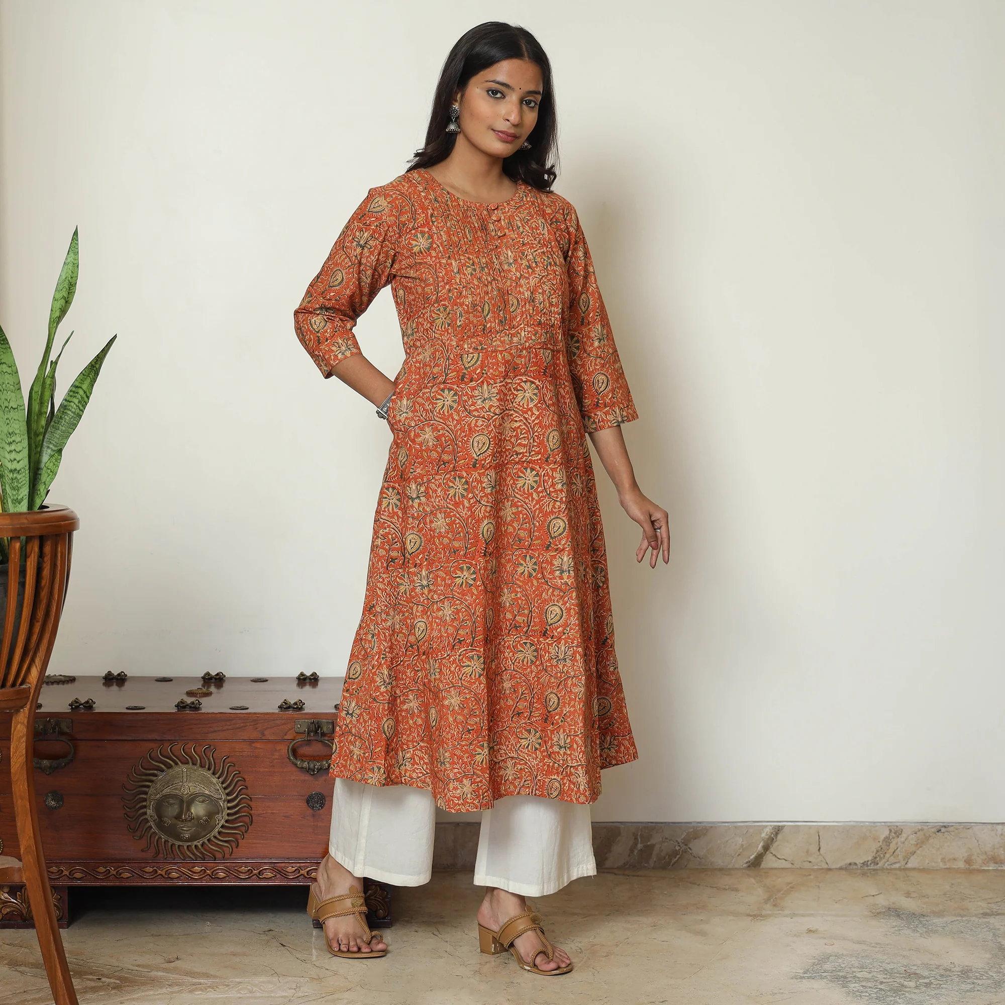 Orange - Pedana Kalamkari Hand Block Printed Cotton Pintuck A-Line Kurta 53 - Image 2