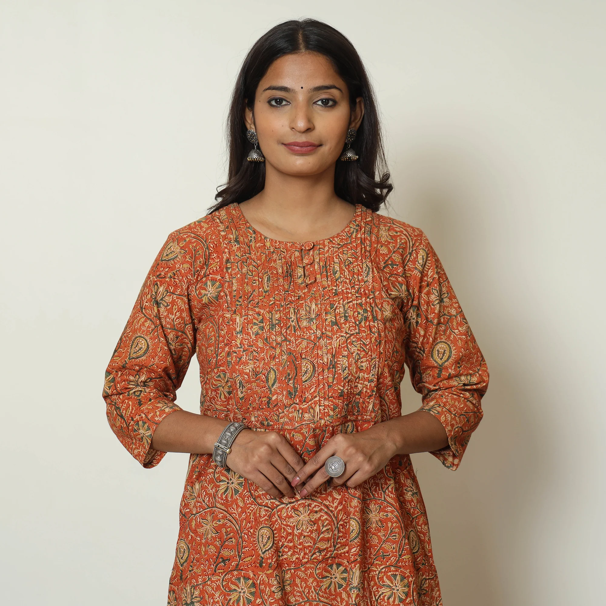Orange - Pedana Kalamkari Hand Block Printed Cotton Pintuck A-Line Kurta 53 - Image 5