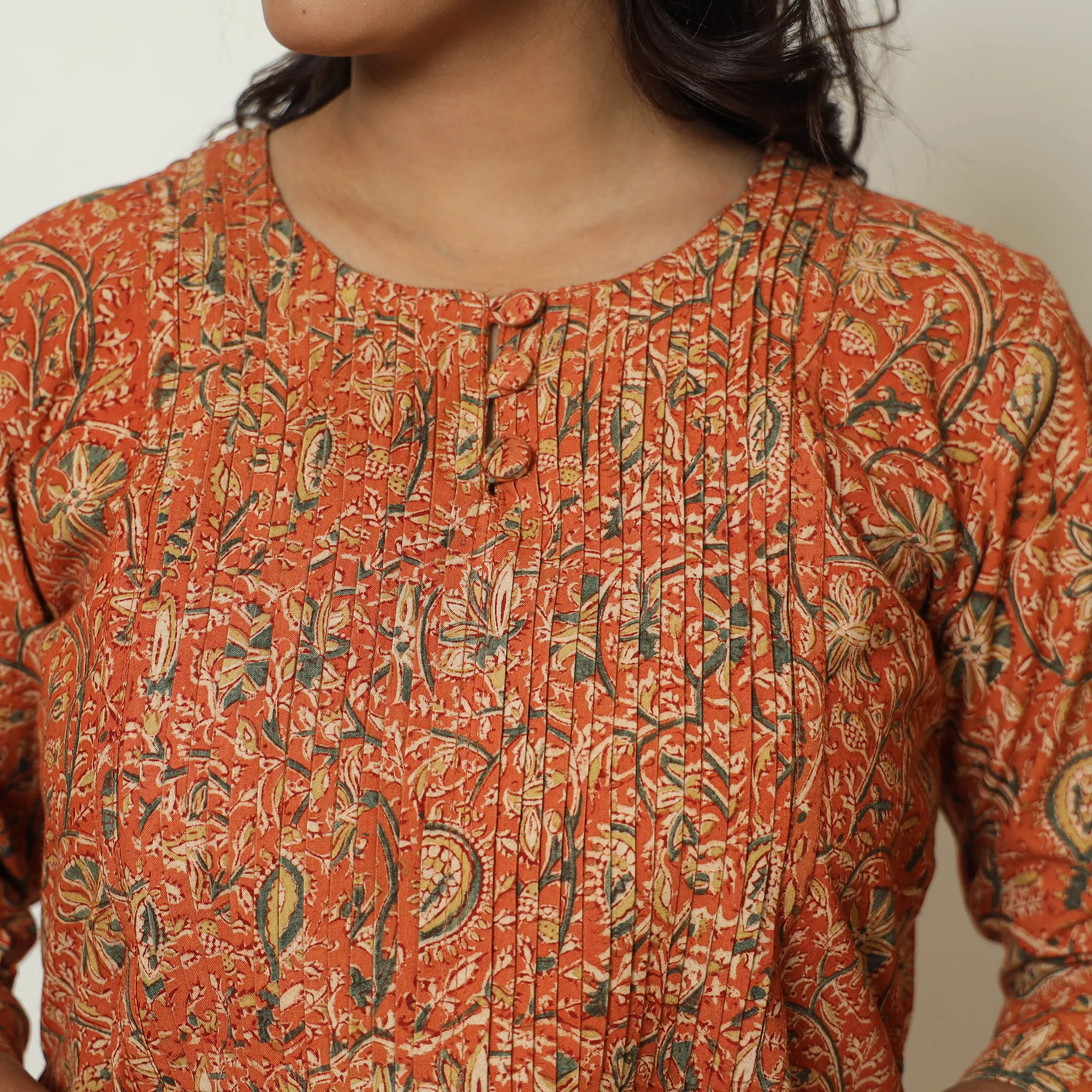 Orange - Pedana Kalamkari Hand Block Printed Cotton Pintuck A-Line Kurta 53 - Image 6