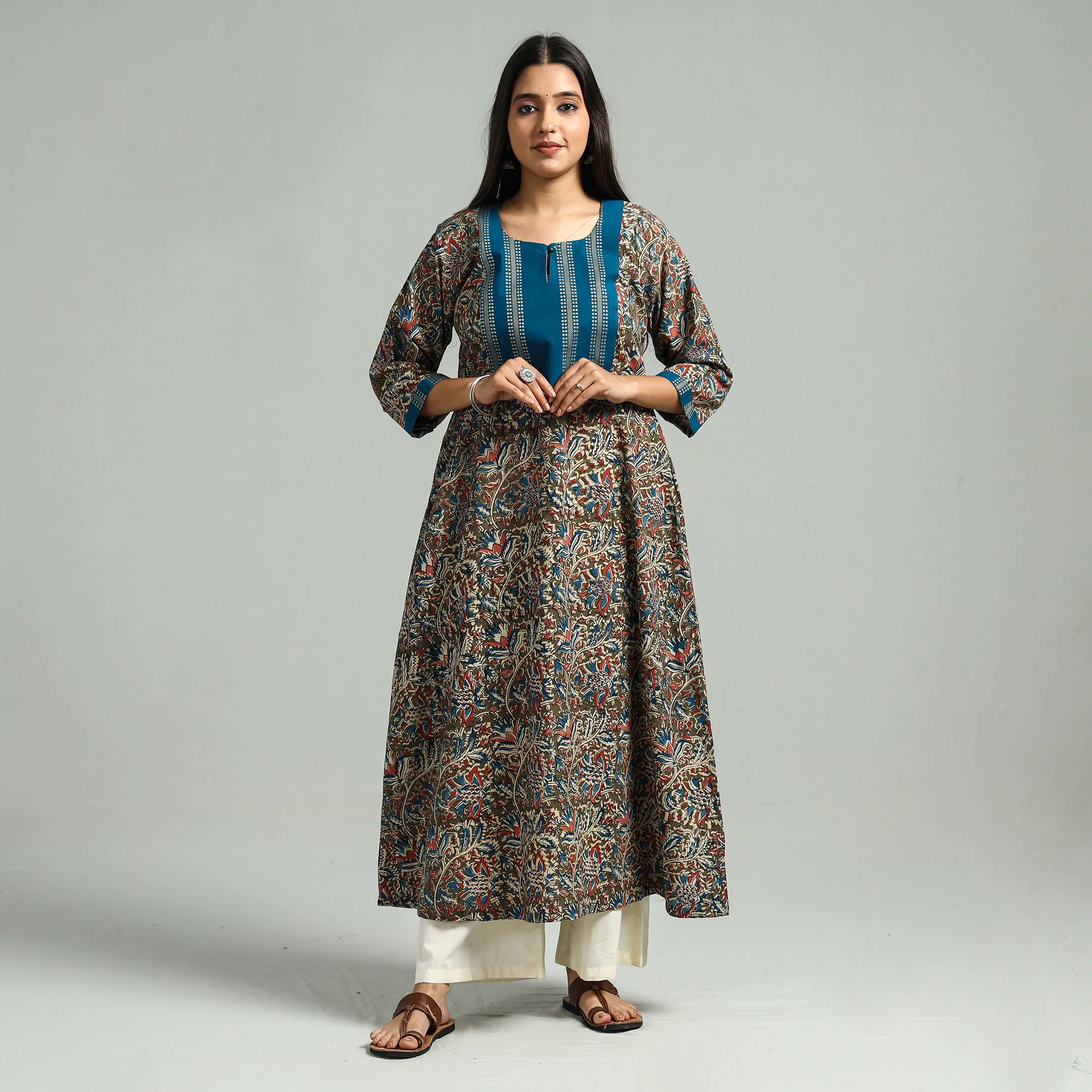 Brown - Kalamkari Hand Block Printed Cotton A-Line Kurta with Jacquard Patchwork - Image 2