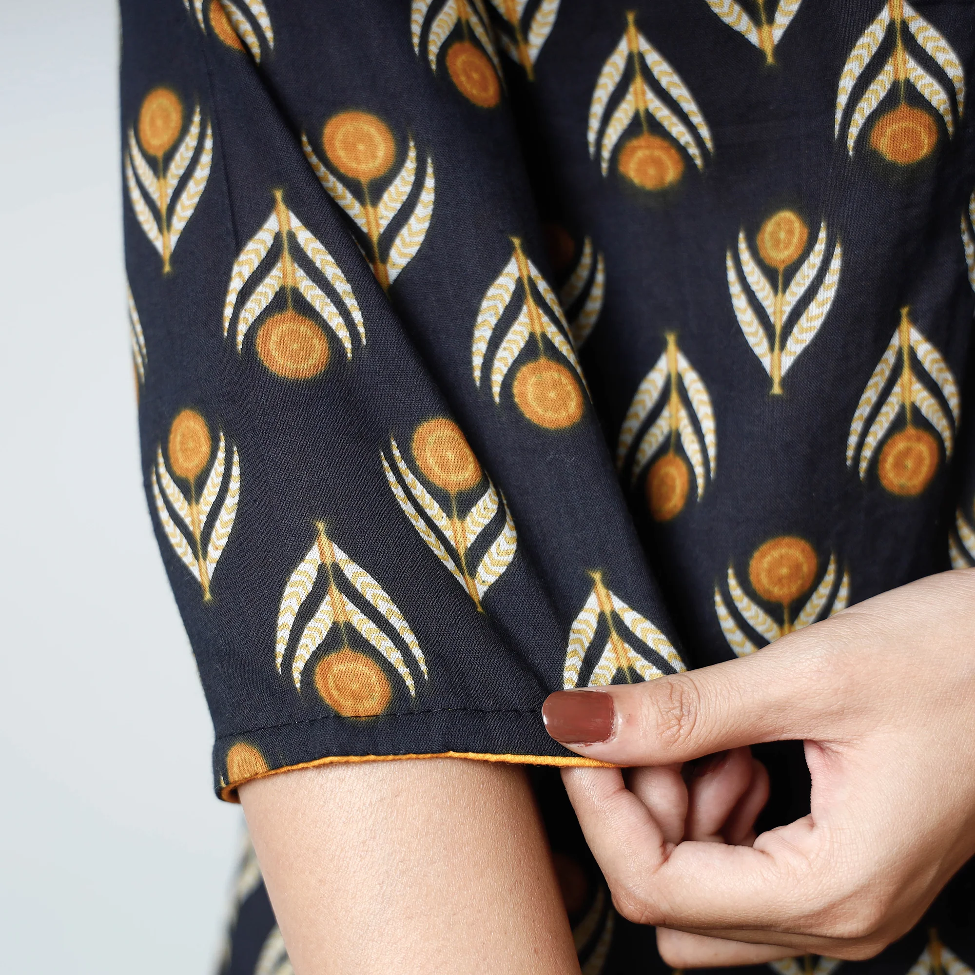 Black - Sanganeri Printed Cotton A-Line Long Kurta - Image 6
