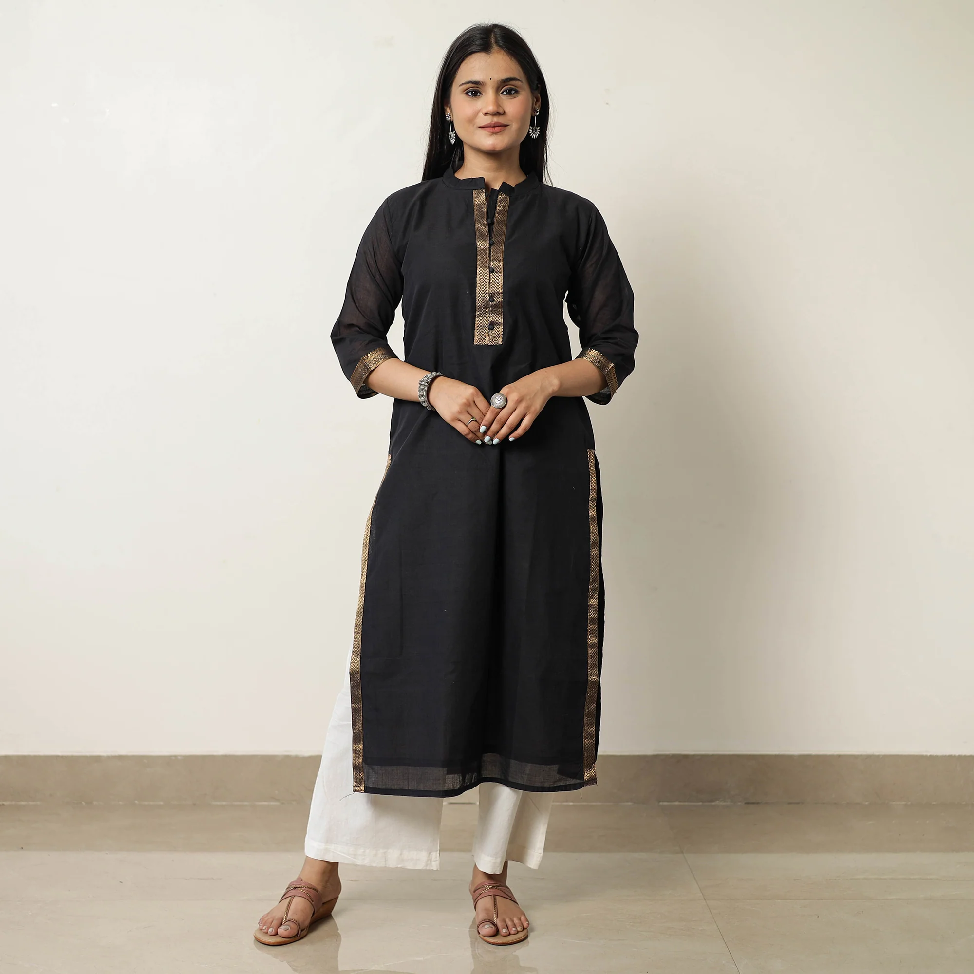 Black - Mangalagiri Handloom Cotton Straight Kurta 35 - Image 2