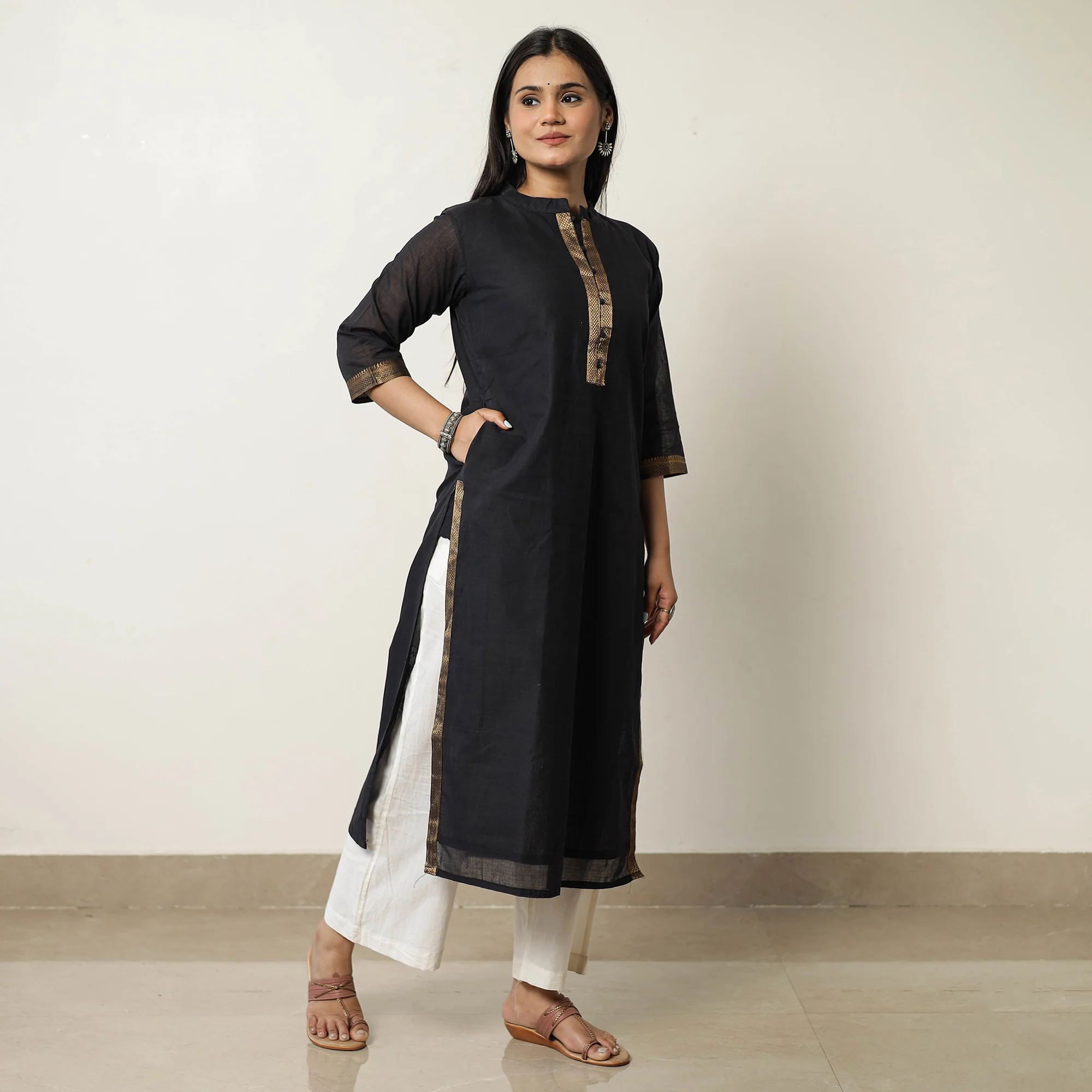 Black - Mangalagiri Handloom Cotton Straight Kurta 35 - Image 3