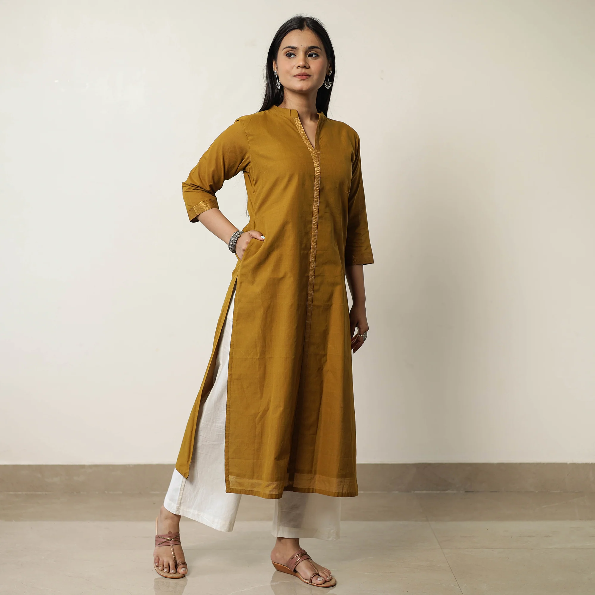 Mustard Yellow - Mangalagiri Handloom Cotton Straight Kurta 40 - Image 2