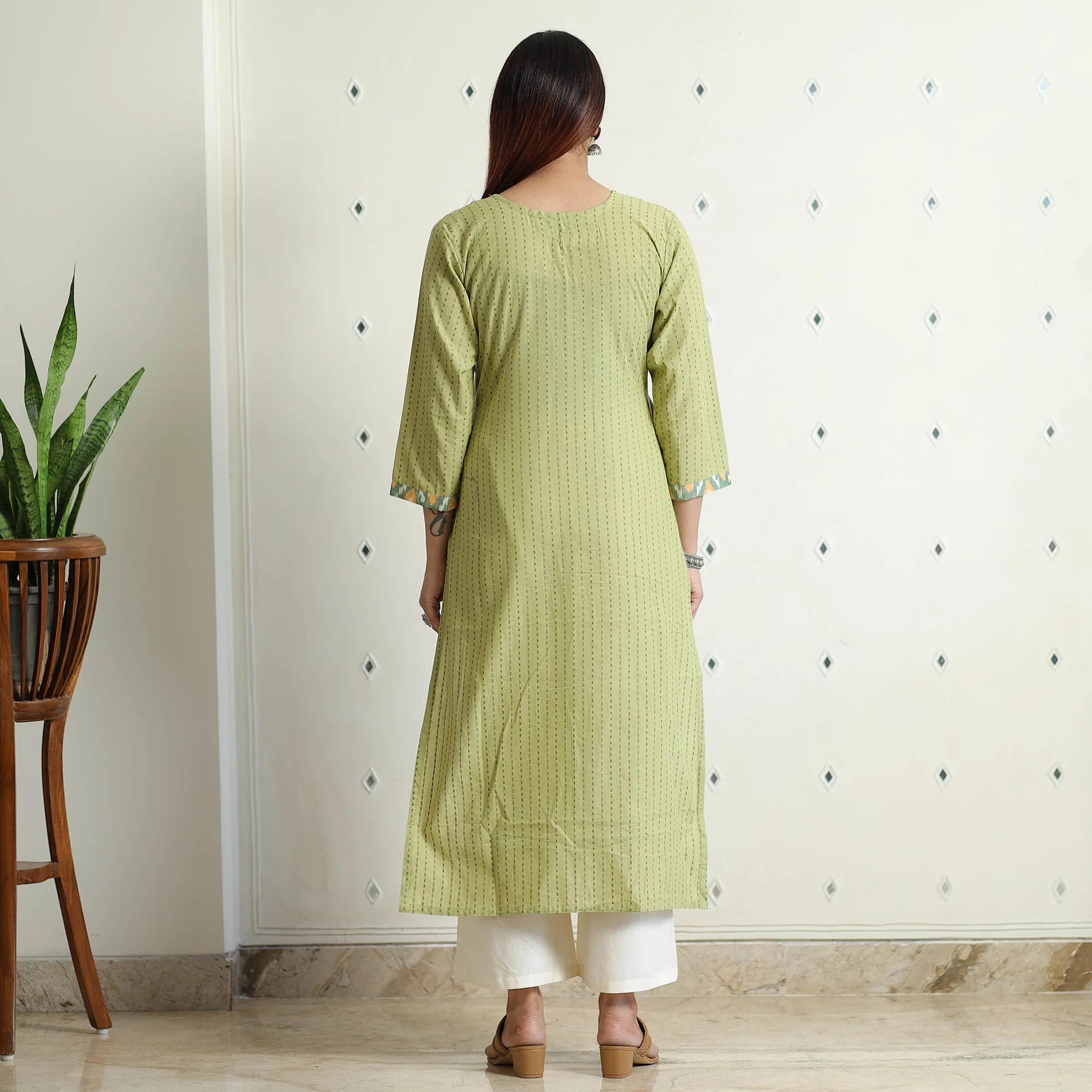 Light Pista Green - Jacquard Weave Cotton Straight Kurta with Ikat Patchwork - Image 6