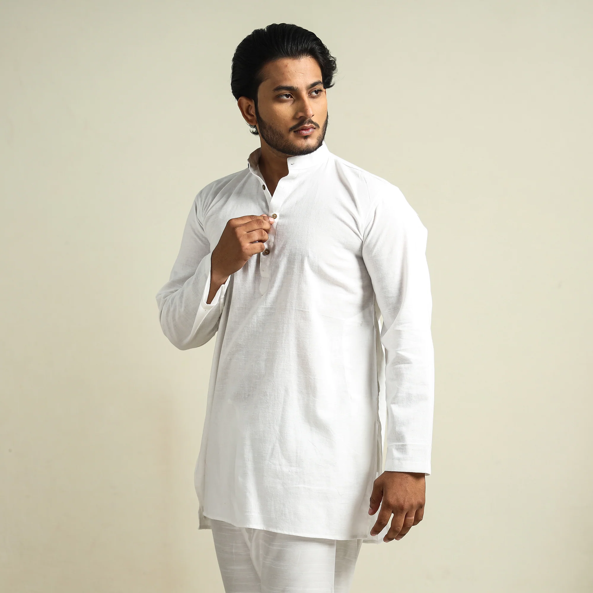 Plain Handloom Cotton Men Short Kurta - Image 3