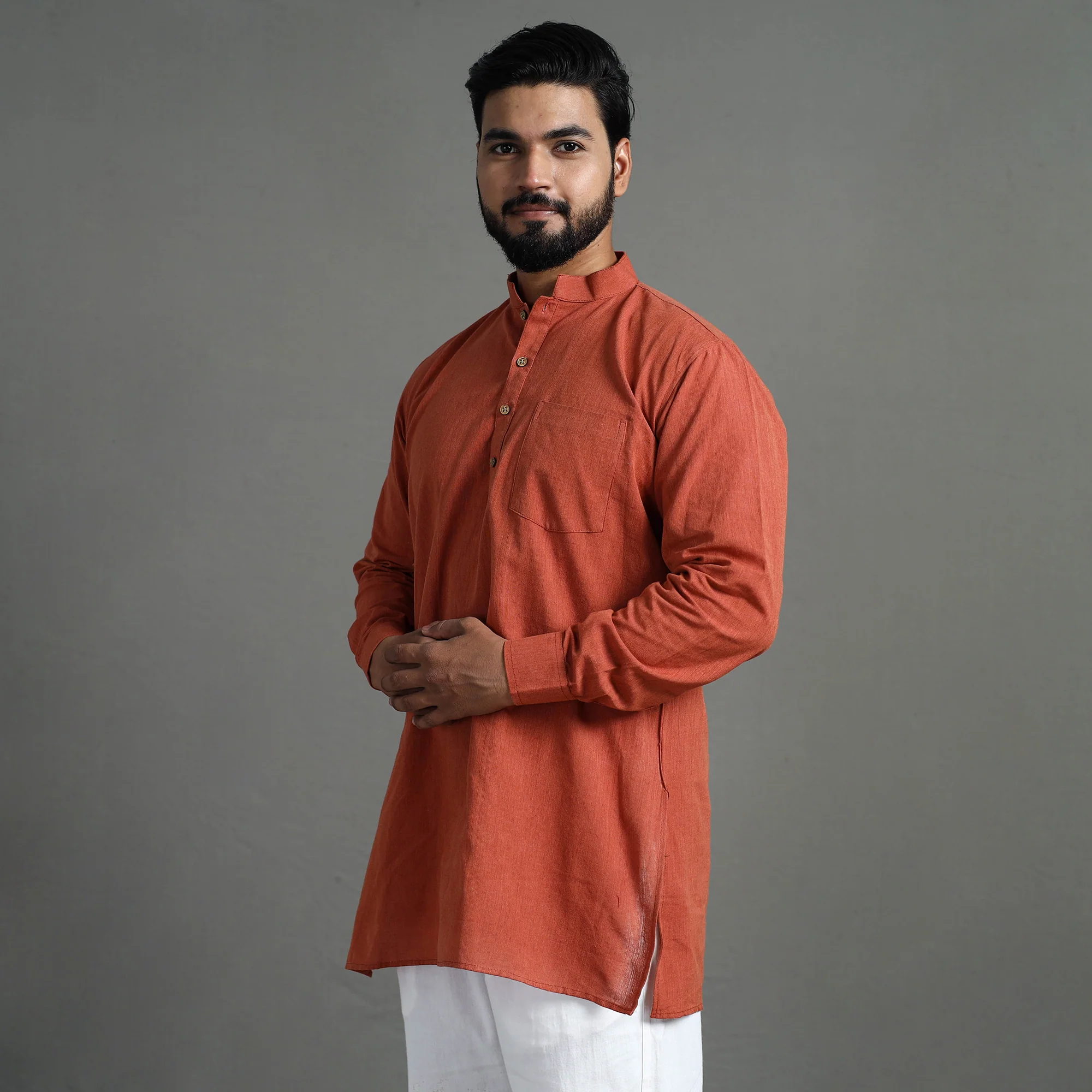 Plain Handloom Cotton Men Short Kurta - Image 4