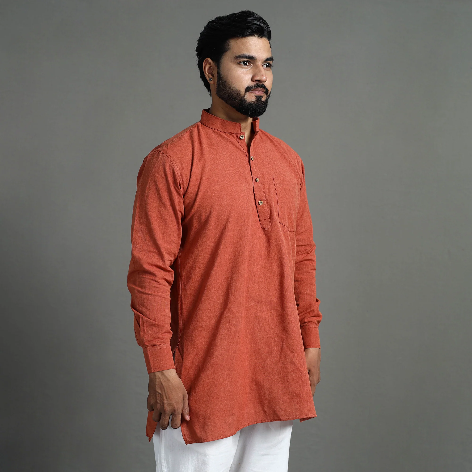 Plain Handloom Cotton Men Short Kurta - Image 5