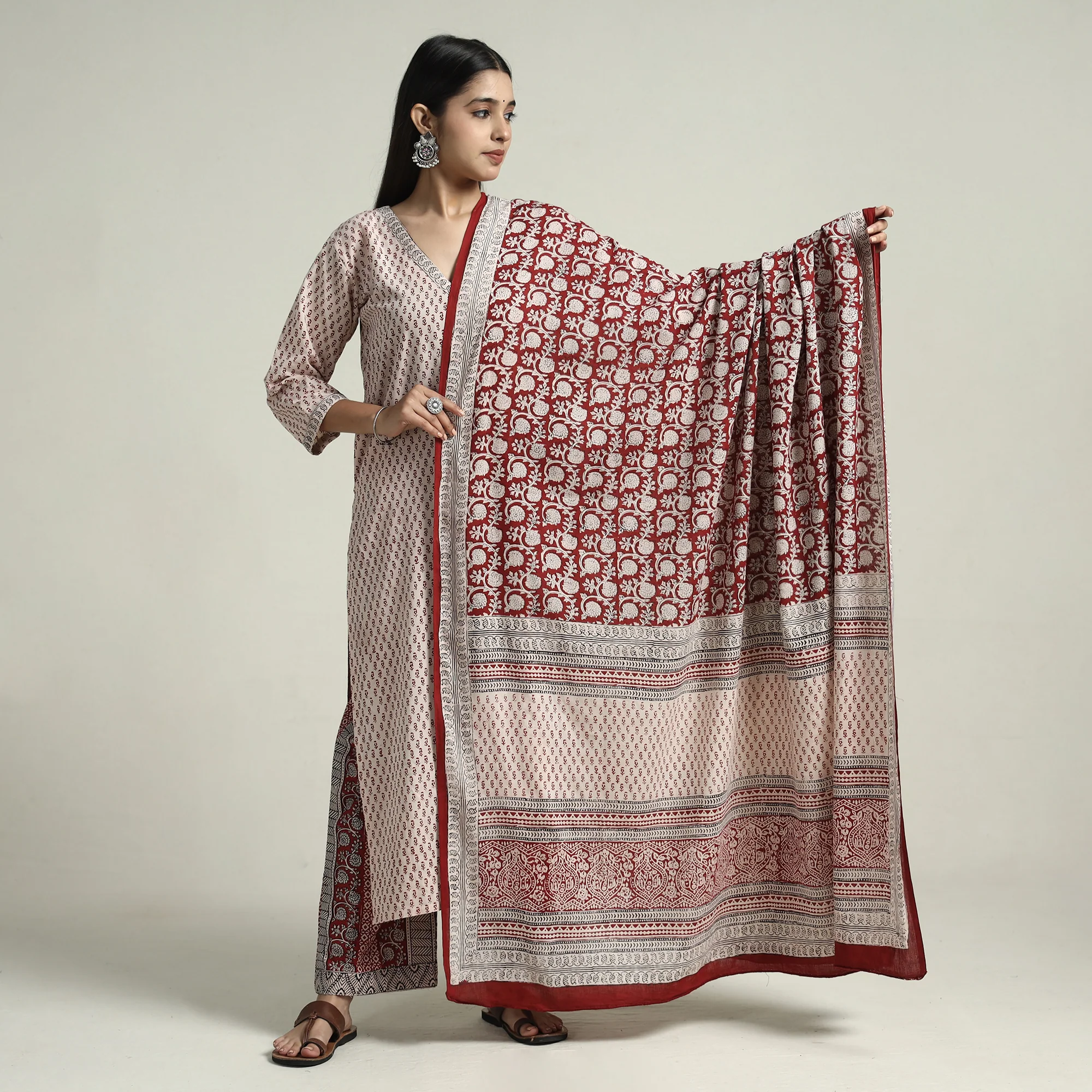 Beige - Bagh Block Printed Cotton Kurta with Palazzo & Dupatta Set 01