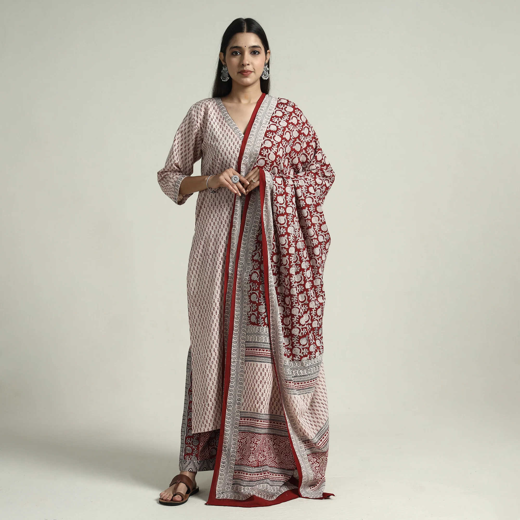 Beige - Bagh Block Printed Cotton Kurta with Palazzo & Dupatta Set 01 - Image 2