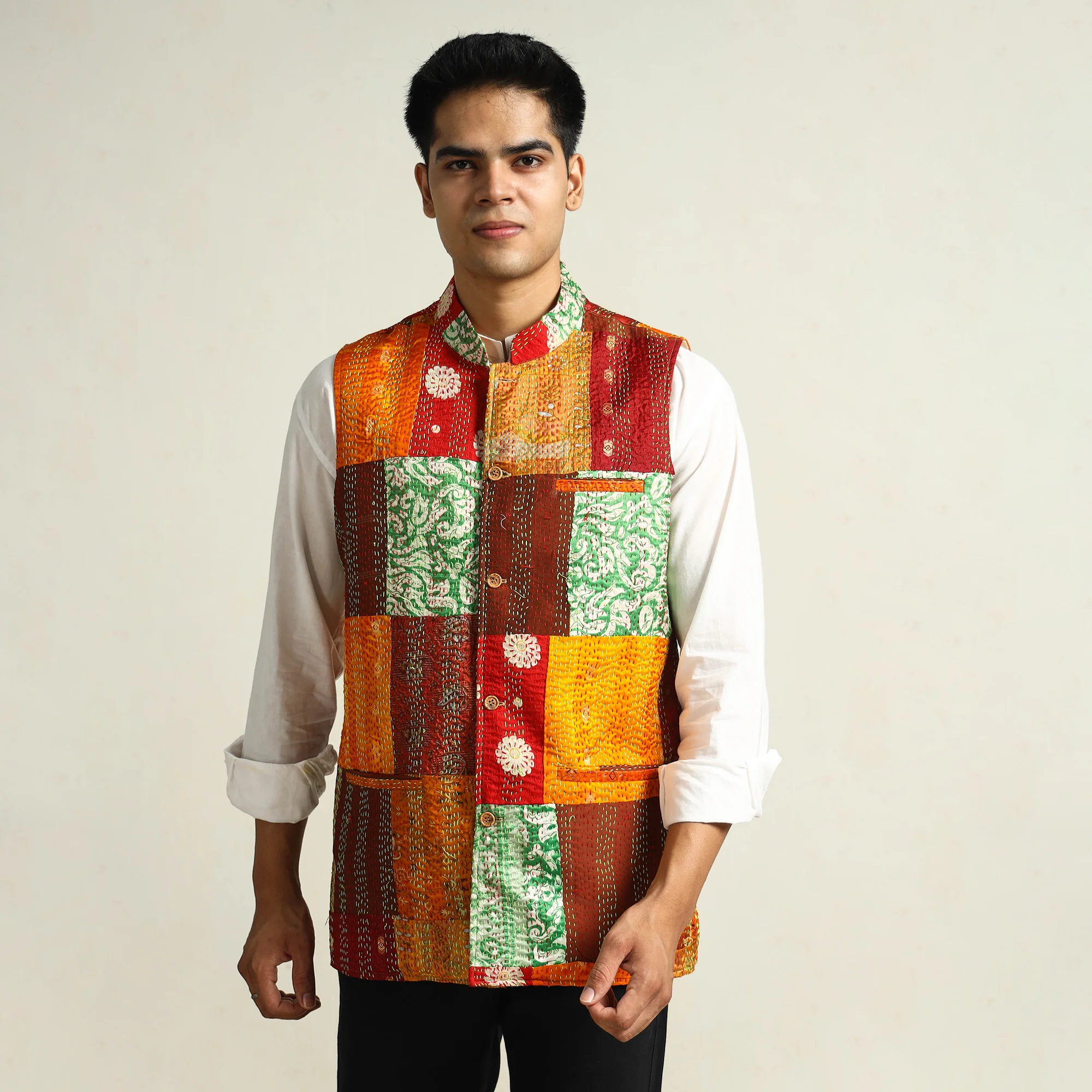 Multicolor - Kantha Embroidery Silk Patchwork Nehru Jacket 14 - Image 3