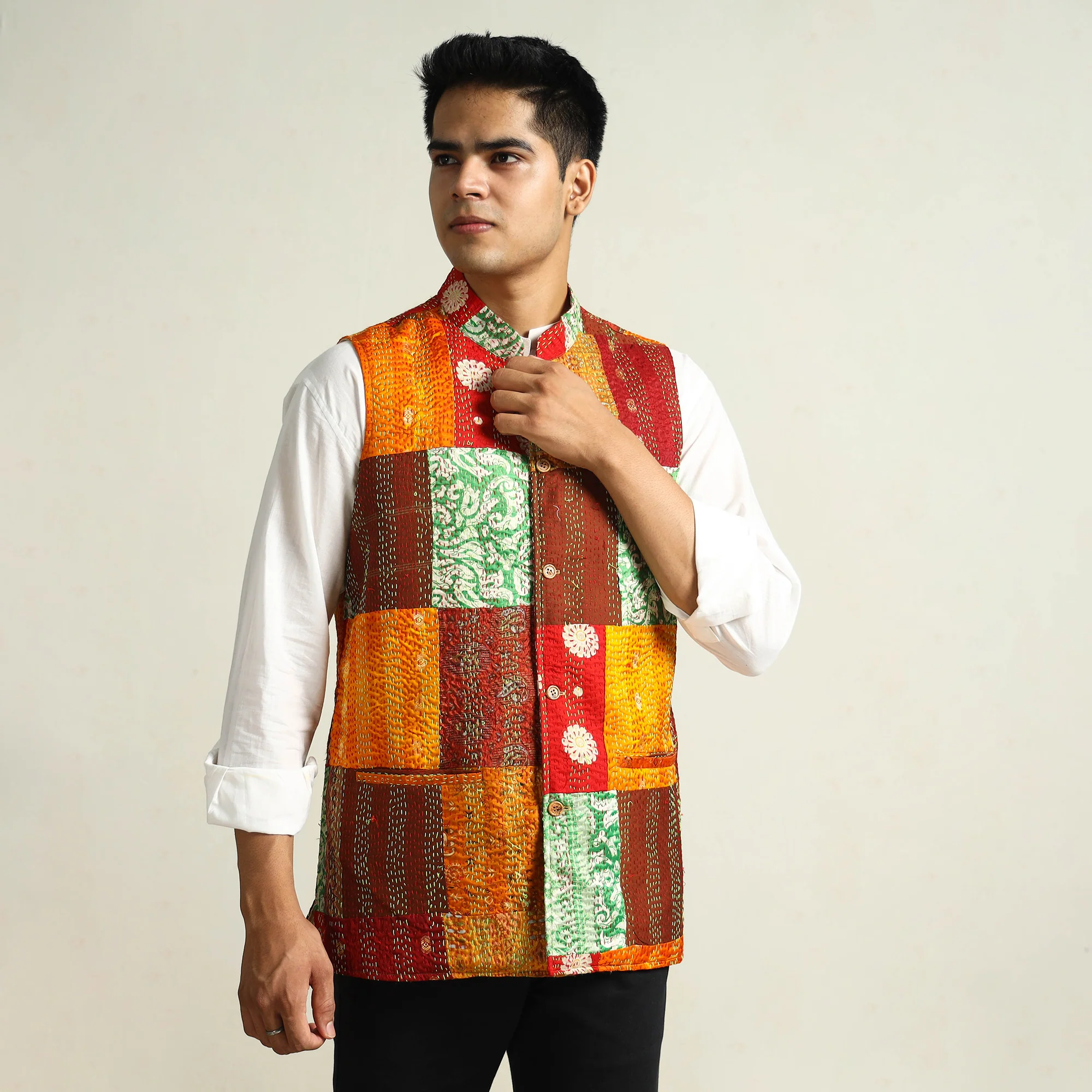 Multicolor - Kantha Embroidery Silk Patchwork Nehru Jacket 14 - Image 4