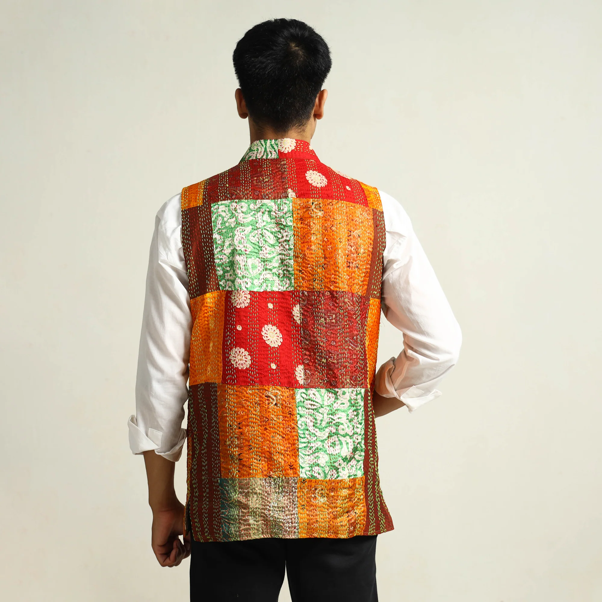 Multicolor - Kantha Embroidery Silk Patchwork Nehru Jacket 14 - Image 5