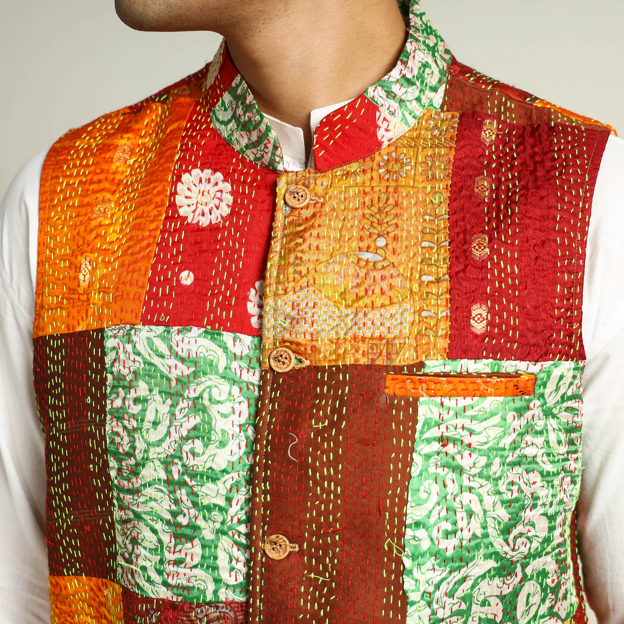 Multicolor - Kantha Embroidery Silk Patchwork Nehru Jacket 14 - Image 7