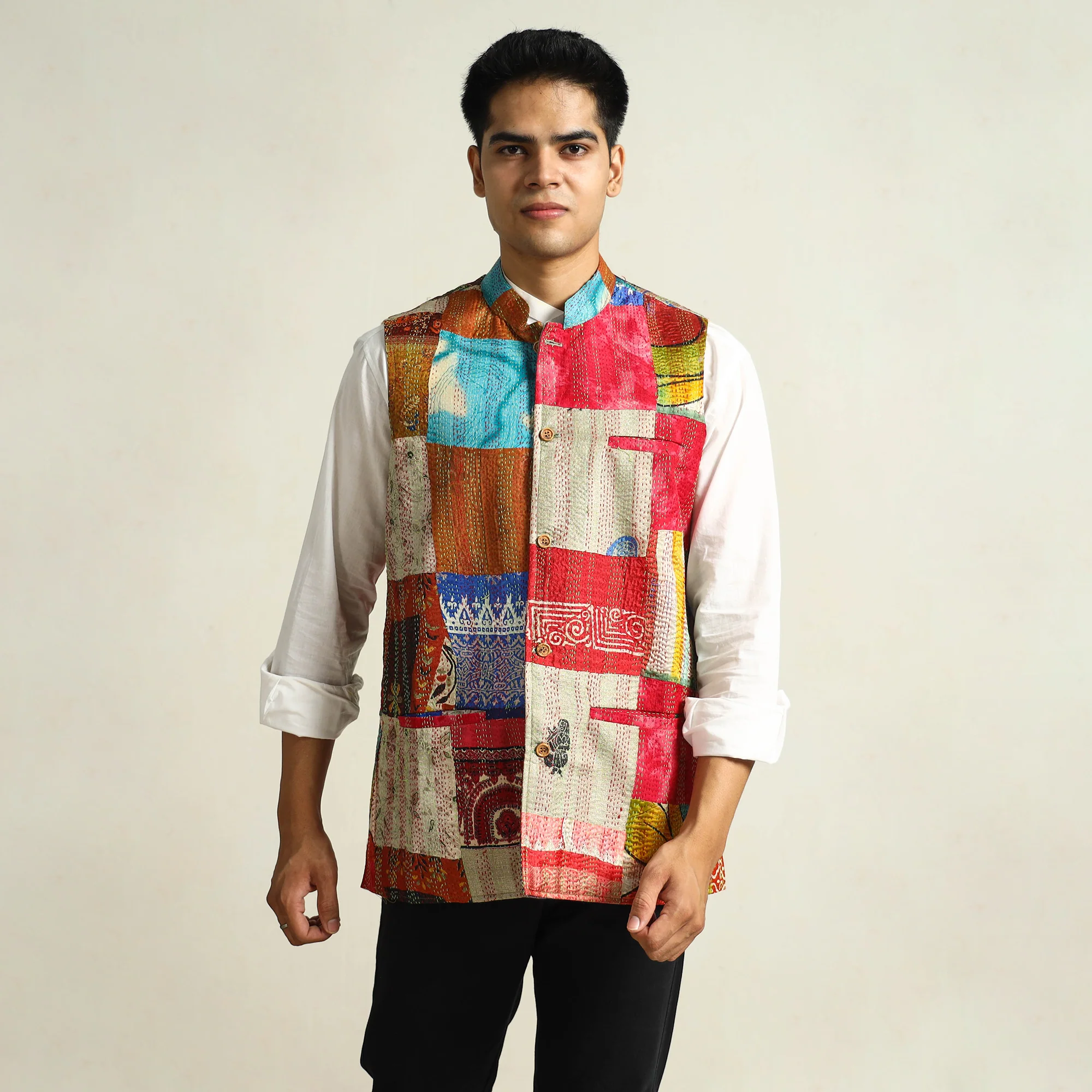 Multicolor - Kantha Embroidery Silk Patchwork Nehru Jacket 05 - Image 3