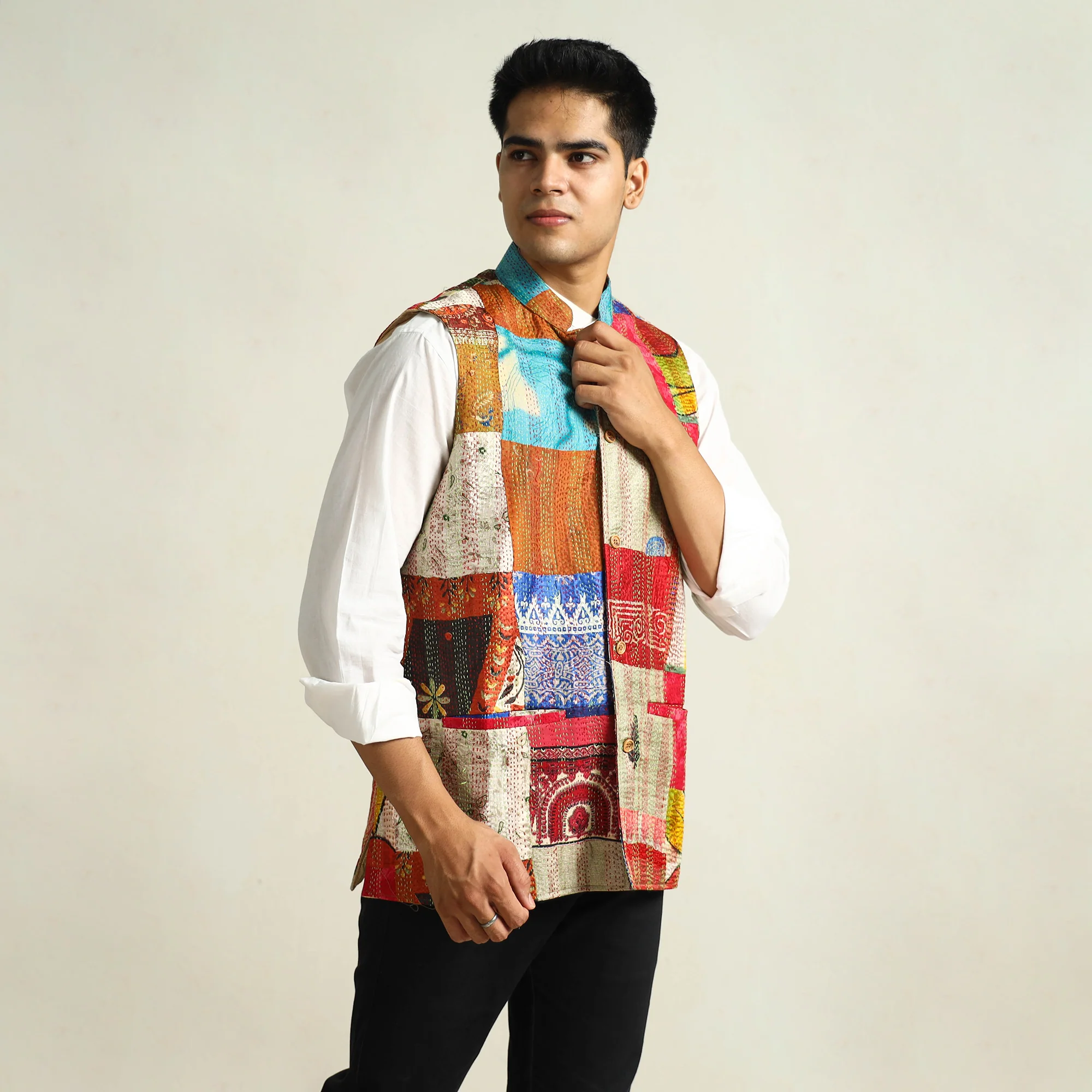 Multicolor - Kantha Embroidery Silk Patchwork Nehru Jacket 05 - Image 4