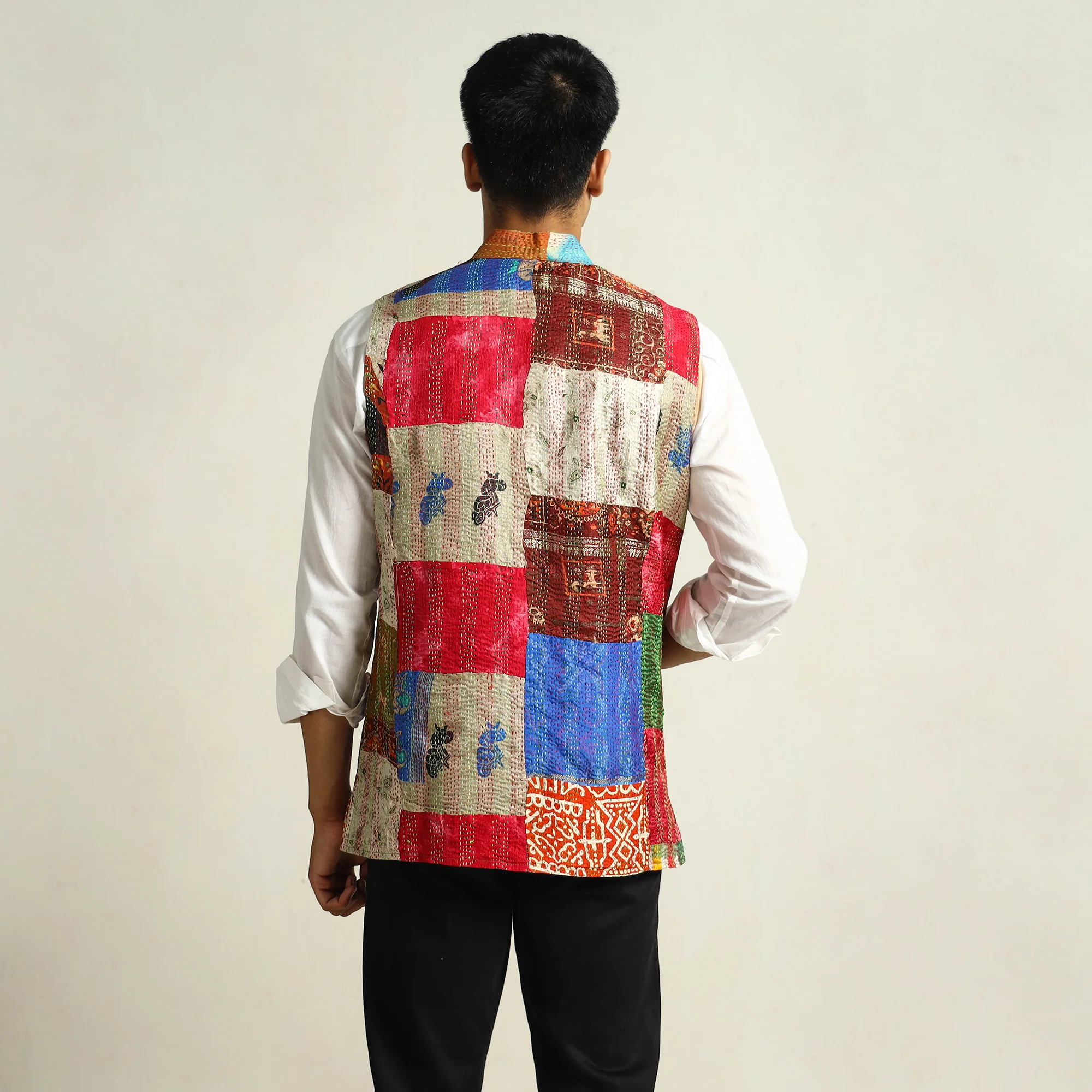 Multicolor - Kantha Embroidery Silk Patchwork Nehru Jacket 05 - Image 5