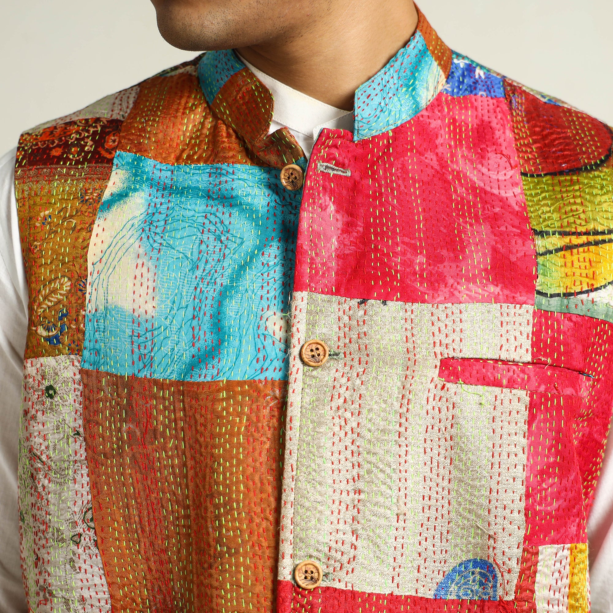 Multicolor - Kantha Embroidery Silk Patchwork Nehru Jacket 05 - Image 6