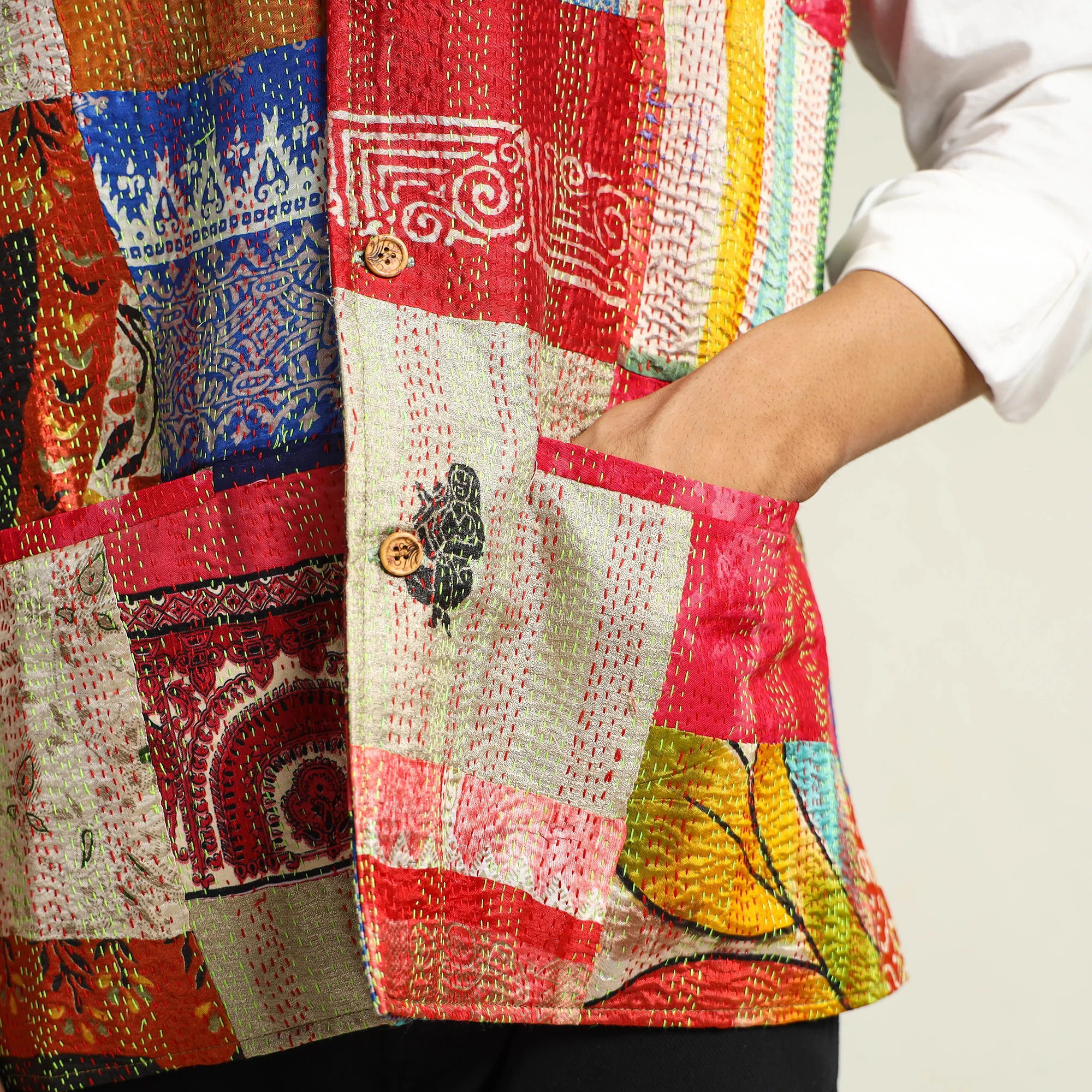 Multicolor - Kantha Embroidery Silk Patchwork Nehru Jacket 05 - Image 7