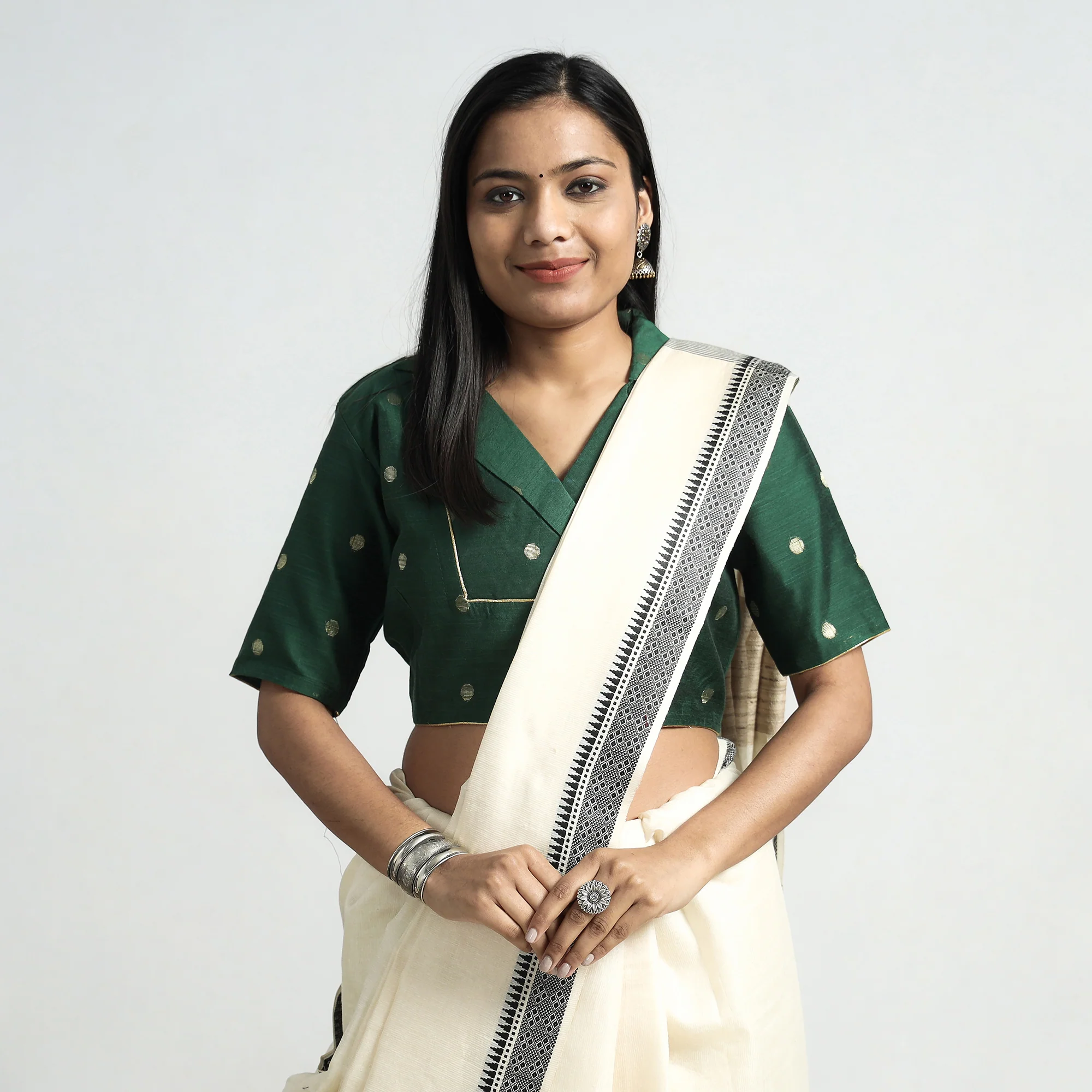 Dark Green - Polka Dot Zari Buti Viscose Silk Stitched Collar Blouse - Image 2