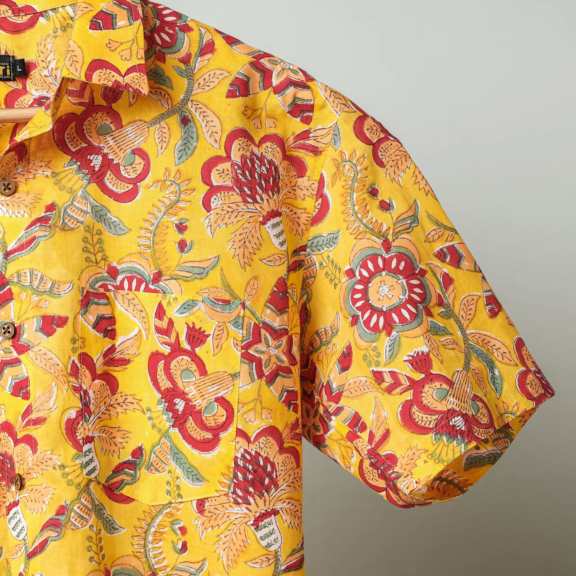 Yellow - Sanganeri Block Printed Cotton Men Half Sleeve Shirt - Image 3