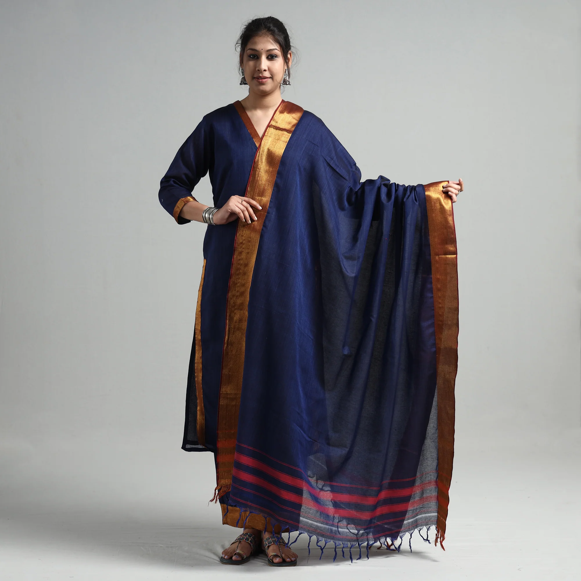Navy Blue - Dharwad Cotton Kurta with Palazzo & Dupatta Set