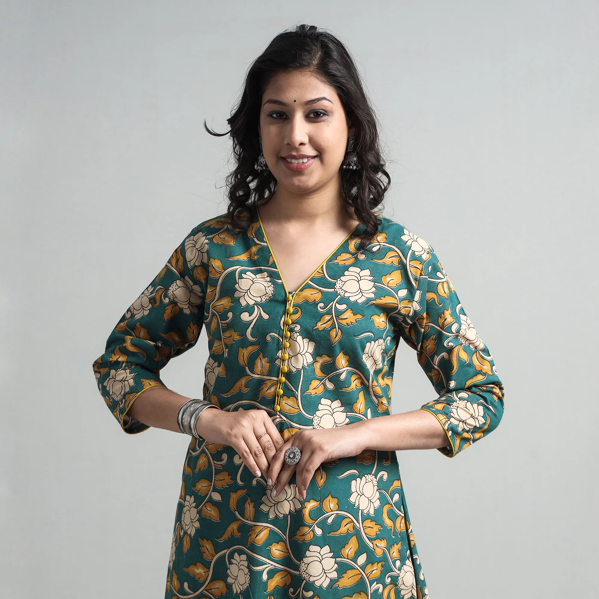 Green - Kalamkari Printed Cotton A-Line Long Kurta