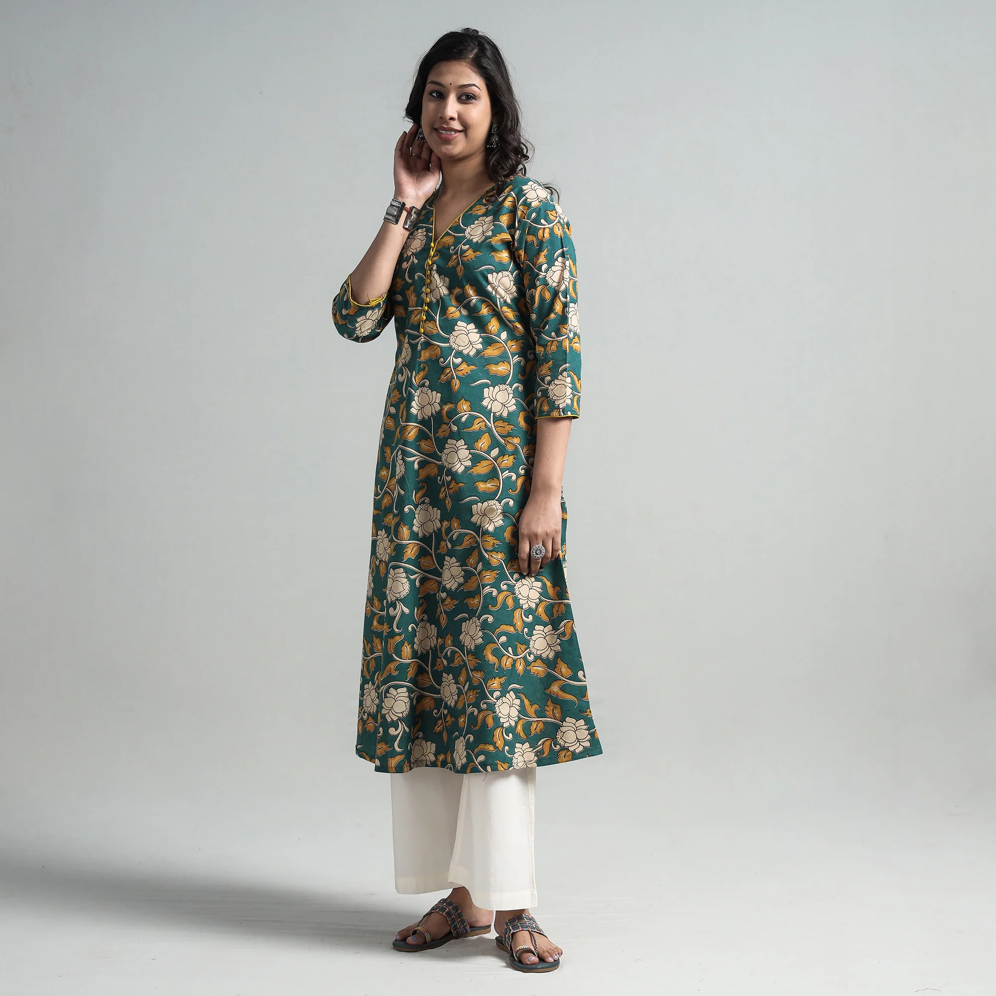 Green - Kalamkari Printed Cotton A-Line Long Kurta - Image 3