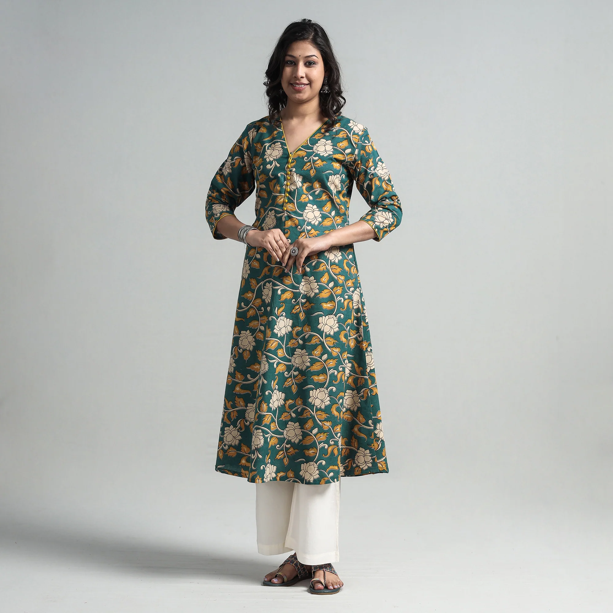 Green - Kalamkari Printed Cotton A-Line Long Kurta - Image 4