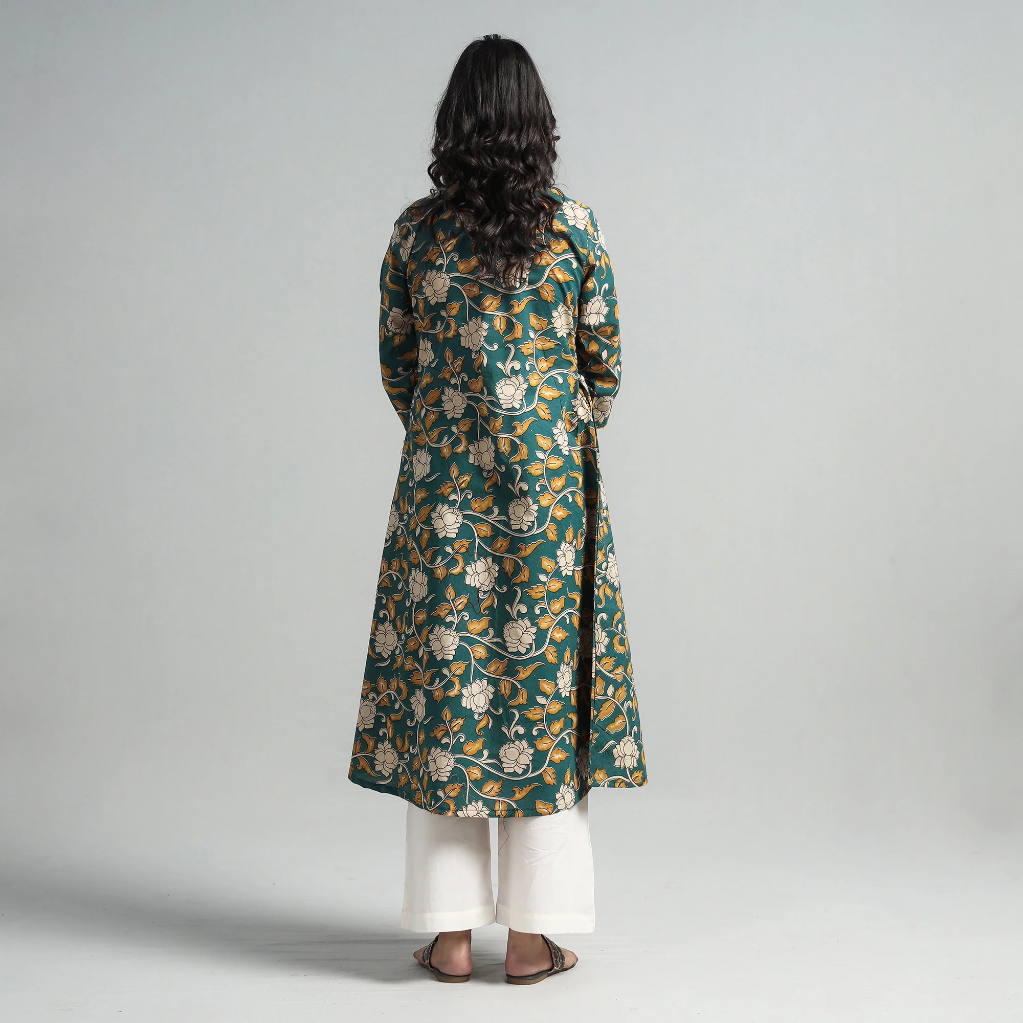 Green - Kalamkari Printed Cotton A-Line Long Kurta - Image 6