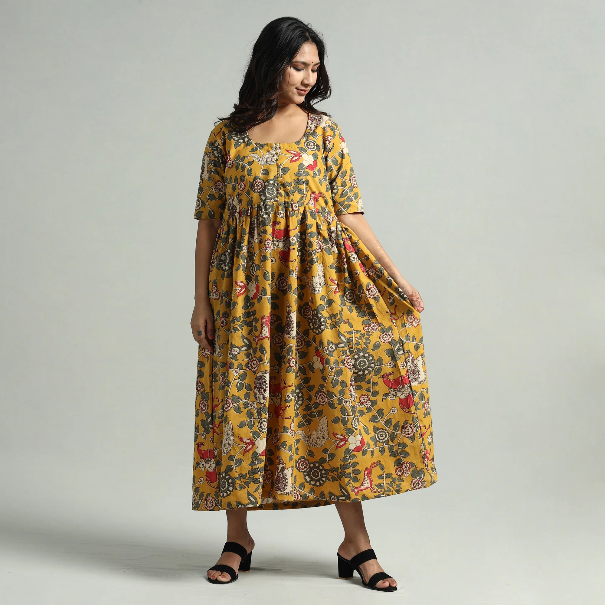 Yellow - Kalamkari Printed Cotton Flared Gher Dress - Image 2