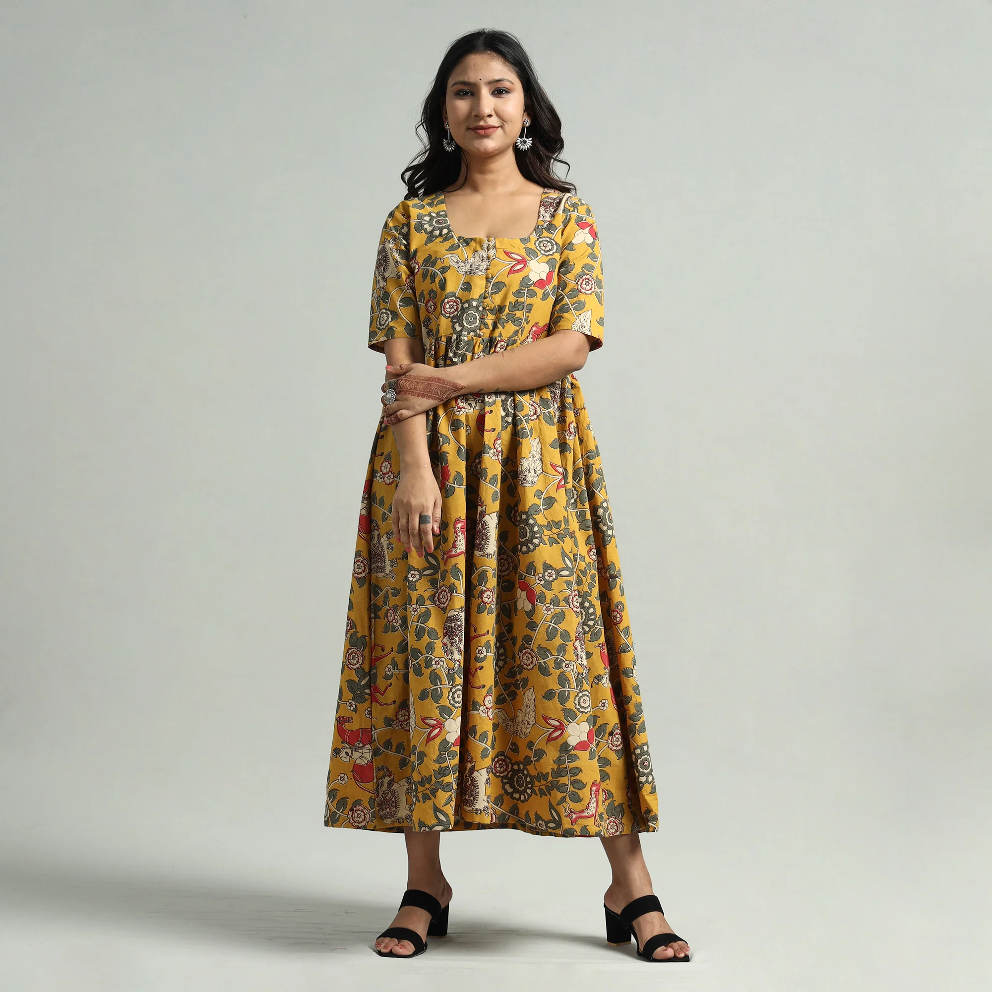 Yellow - Kalamkari Printed Cotton Flared Gher Dress - Image 3