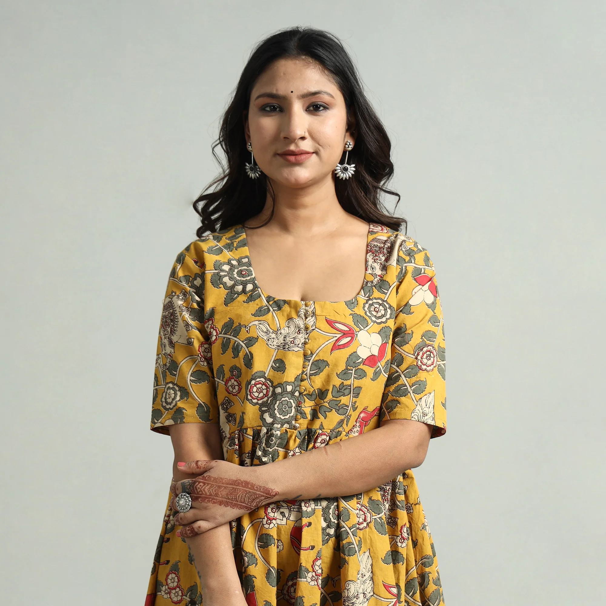 Yellow - Kalamkari Printed Cotton Flared Gher Dress - Image 4