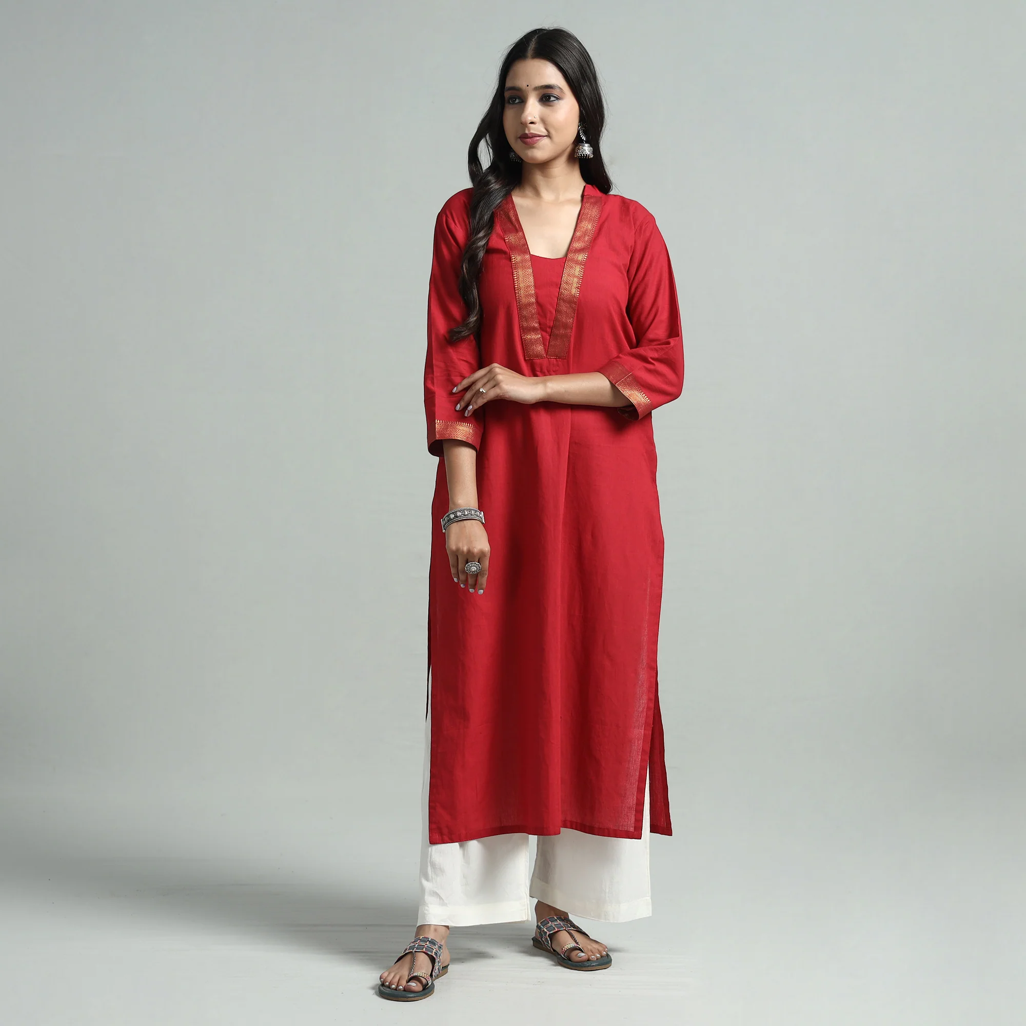 Red - Dharwad Cotton Straight Kurta - Image 4