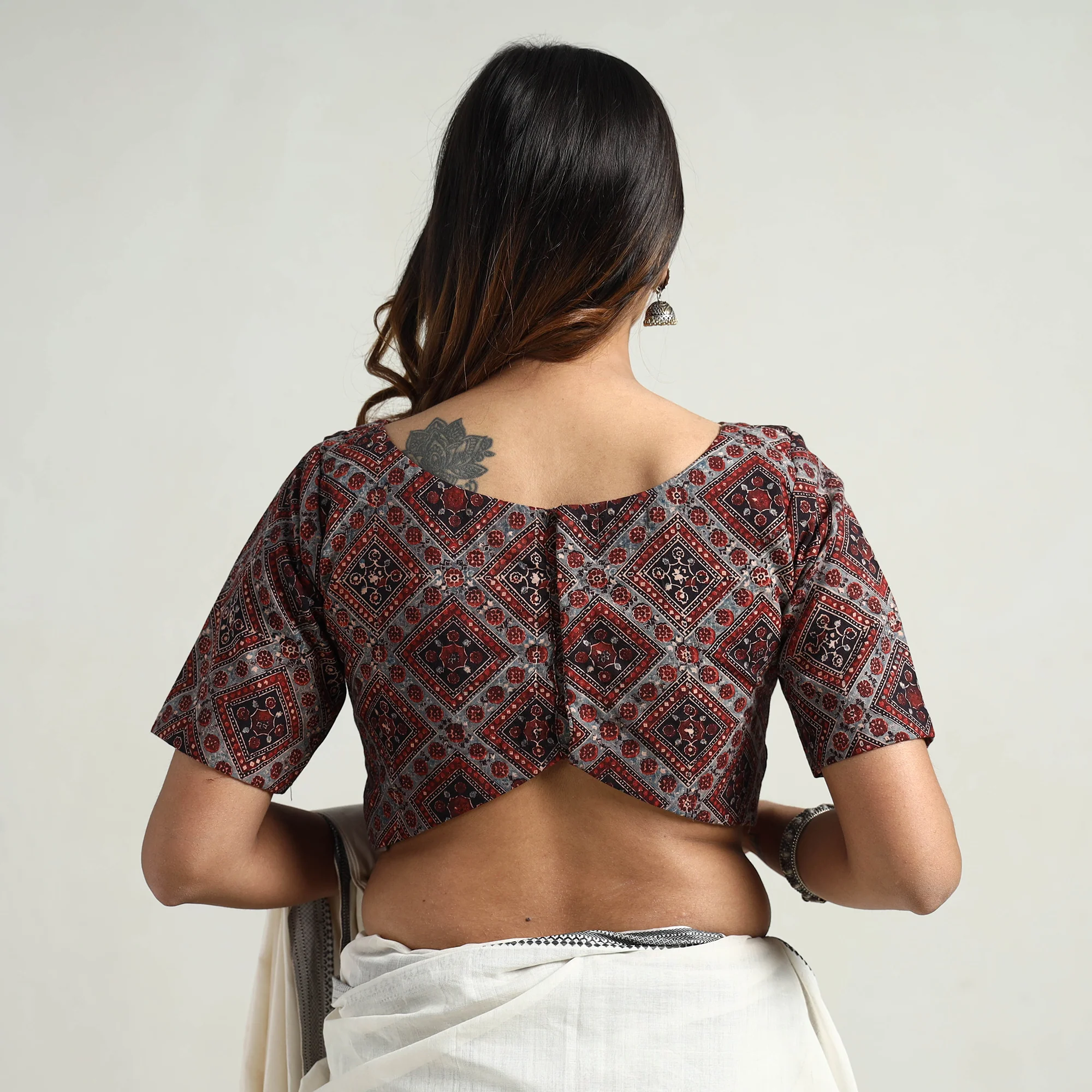 Grey - Ajrakh Block Printed Cotton Stitched Blouse - Image 6