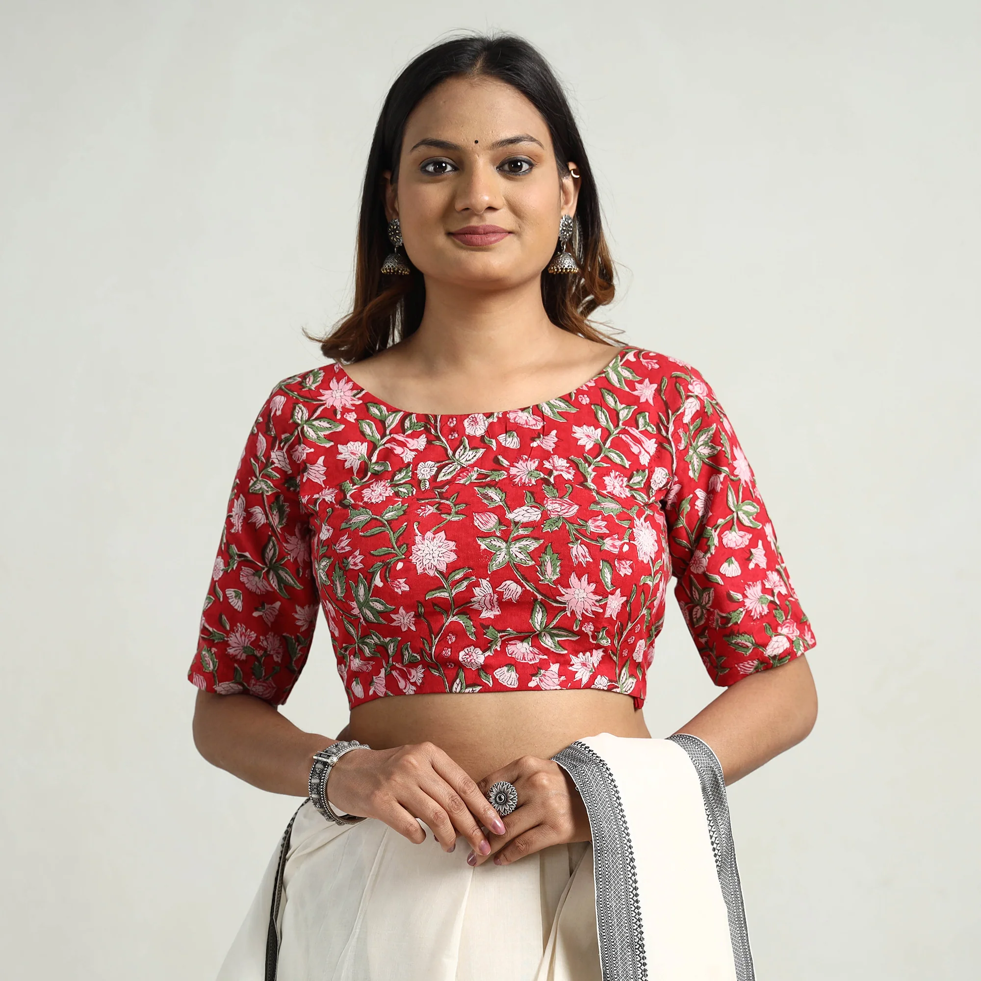 Red - Sanganeri Block Printed Cotton Stitched Blouse - Image 2