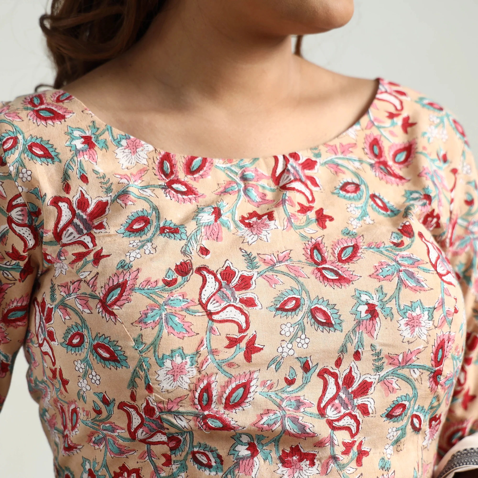 Beige - Sanganeri Block Printed Cotton Stitched Blouse - Image 4