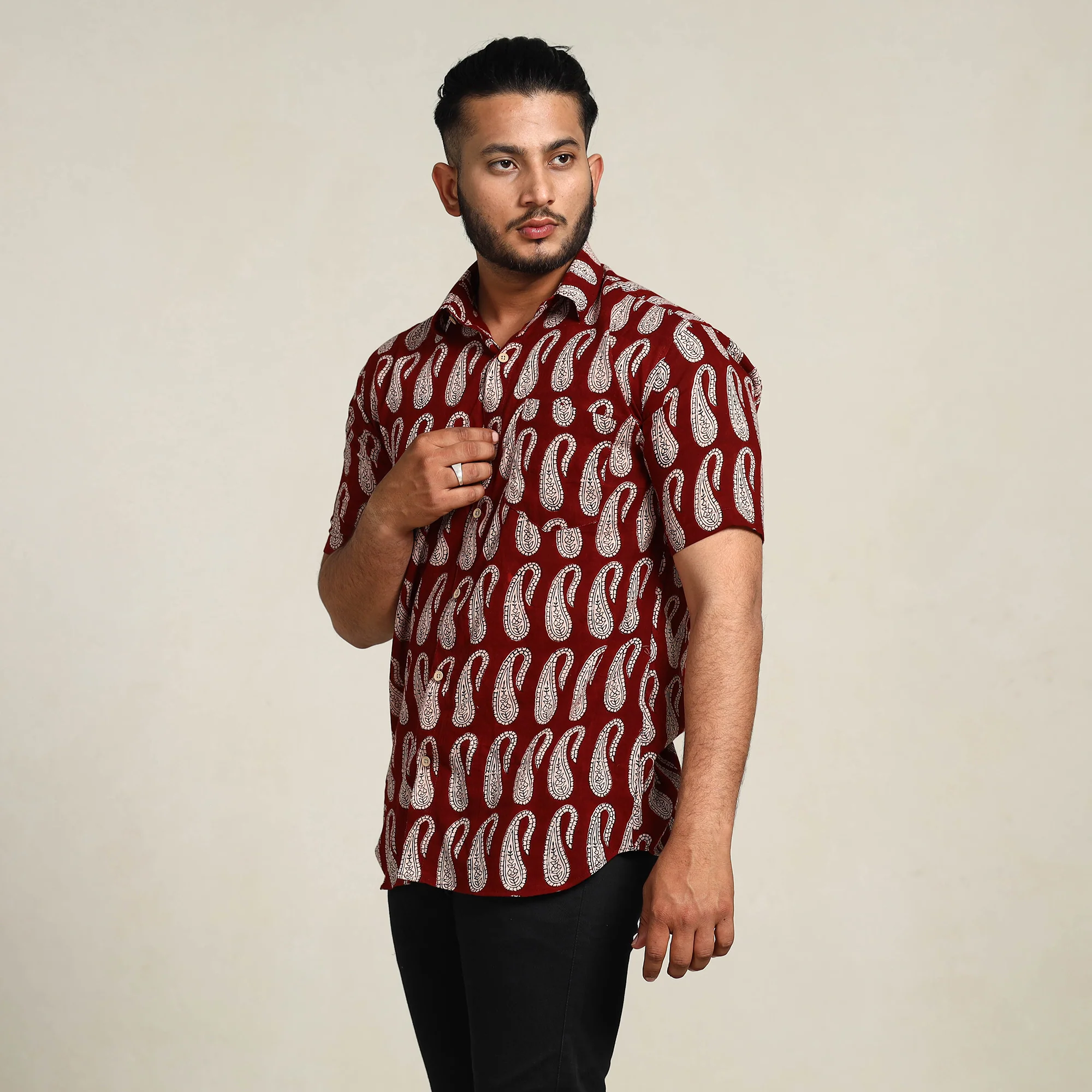 Maroon - Bagh Hand Block Printed Cotton Men Half Sleeve Shirt