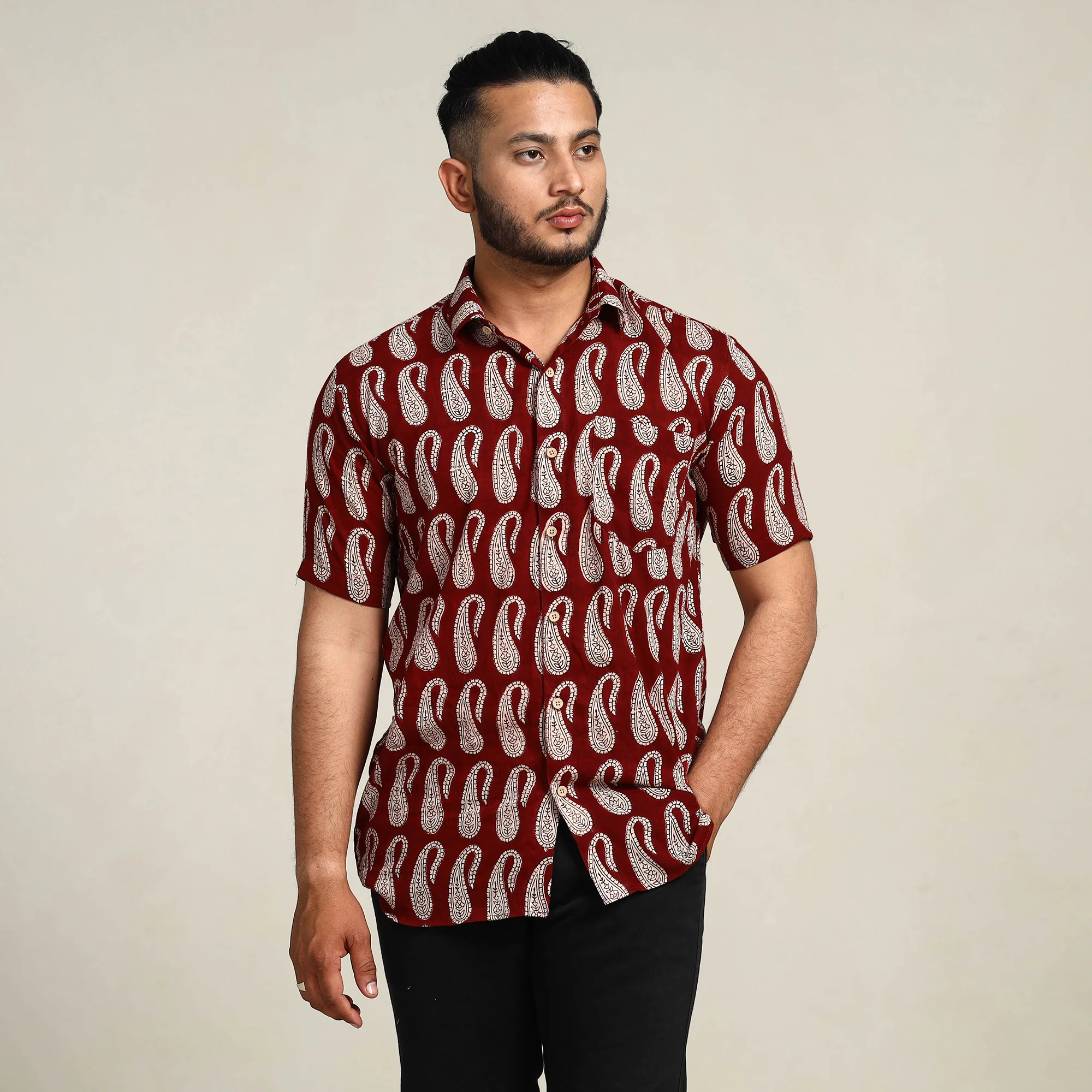 Maroon - Bagh Hand Block Printed Cotton Men Half Sleeve Shirt - Image 3
