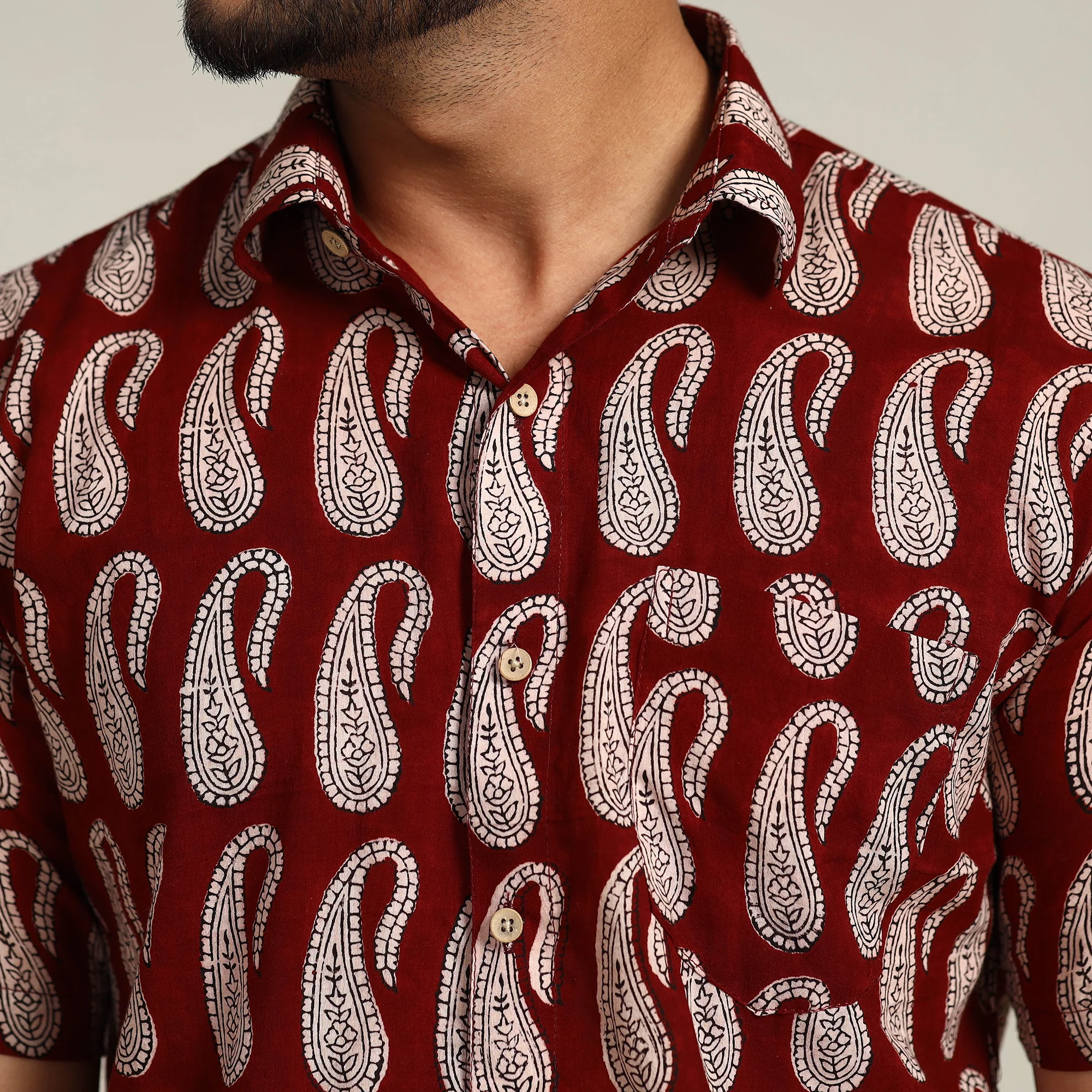 Maroon - Bagh Hand Block Printed Cotton Men Half Sleeve Shirt - Image 4
