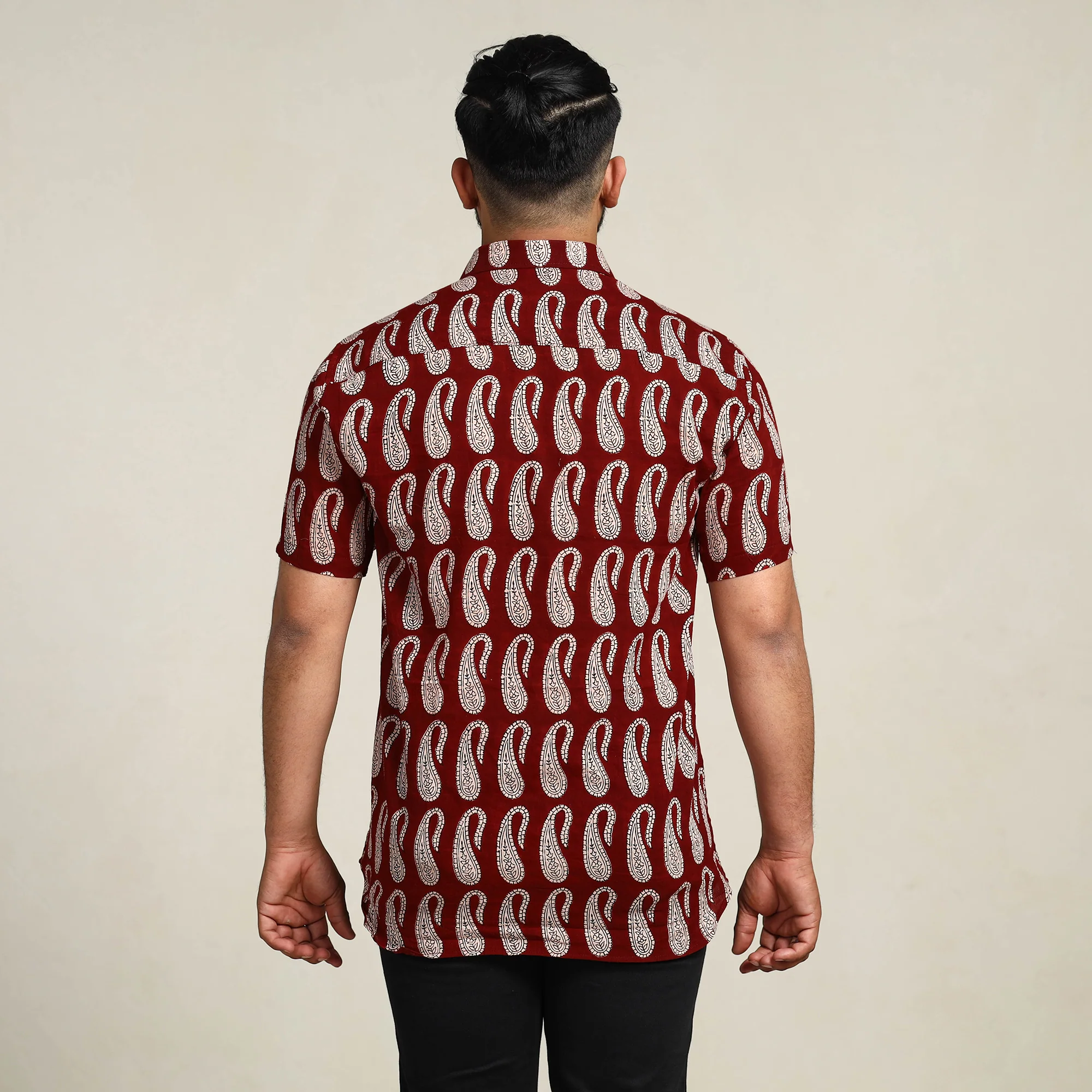 Maroon - Bagh Hand Block Printed Cotton Men Half Sleeve Shirt - Image 6