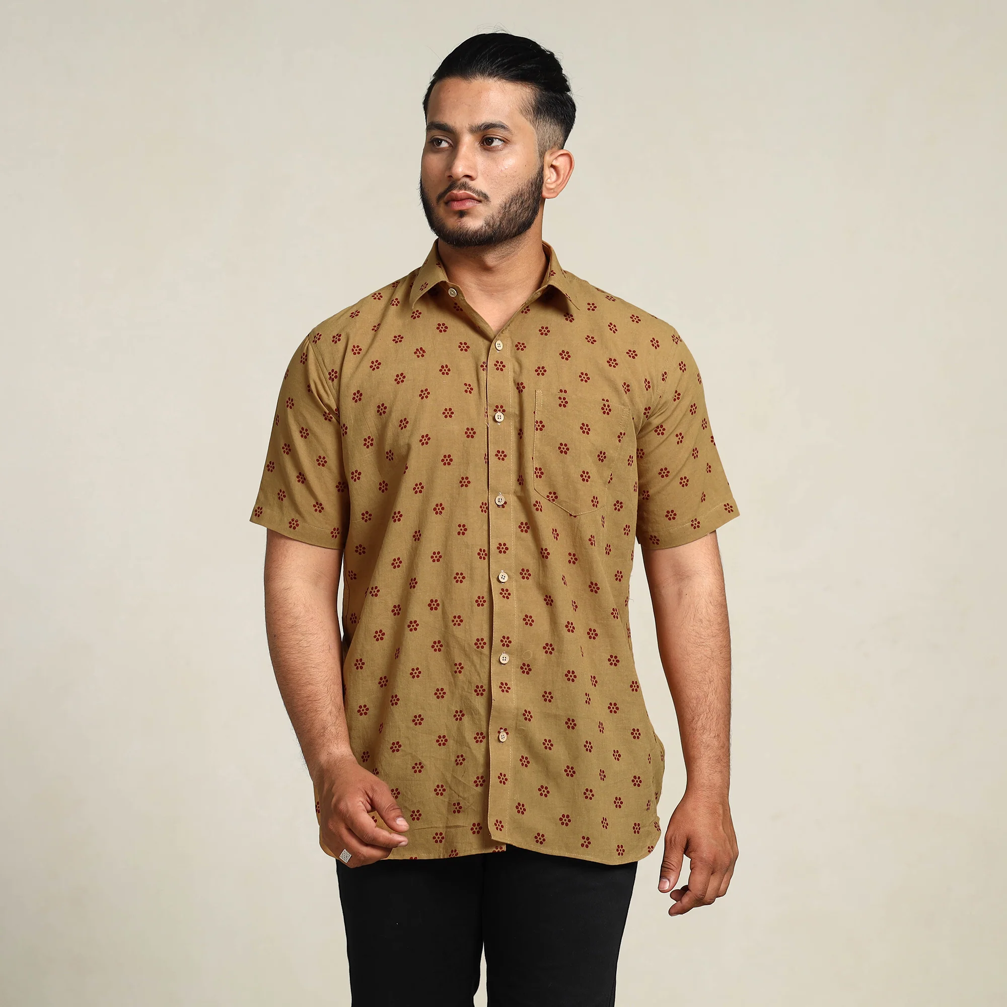Brown - Bagh Hand Block Printed Cotton Men Half Sleeve Shirt - Image 2