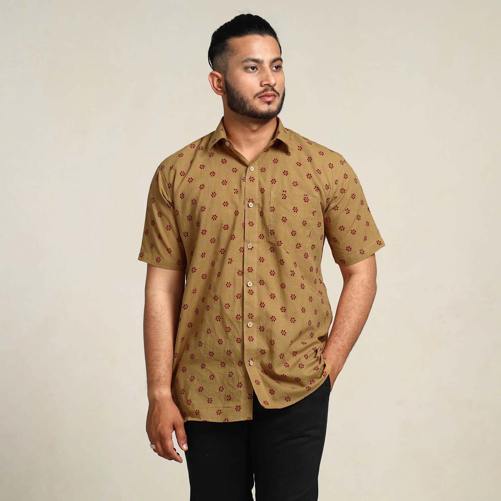 Brown - Bagh Hand Block Printed Cotton Men Half Sleeve Shirt - Image 3