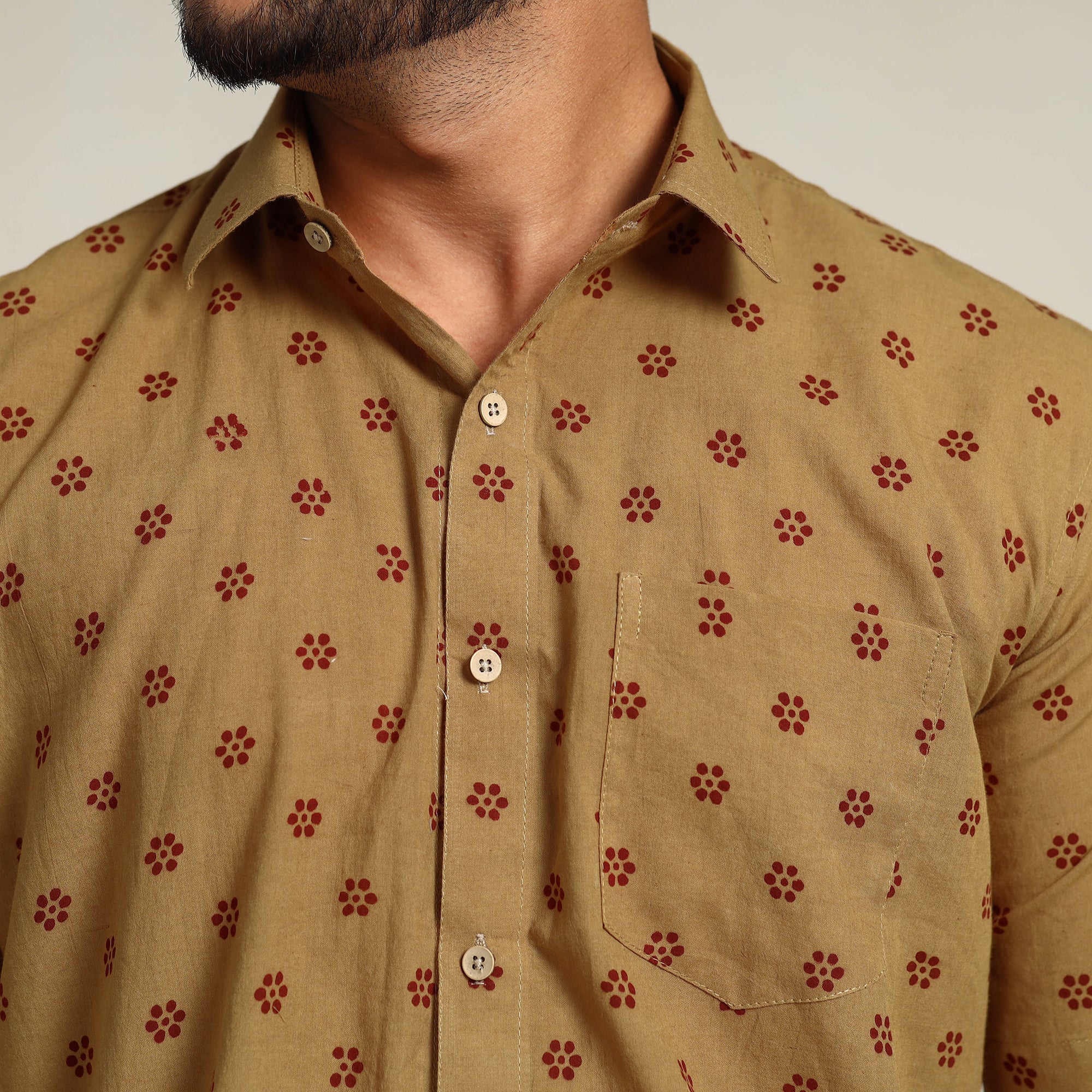 Brown - Bagh Hand Block Printed Cotton Men Half Sleeve Shirt - Image 4