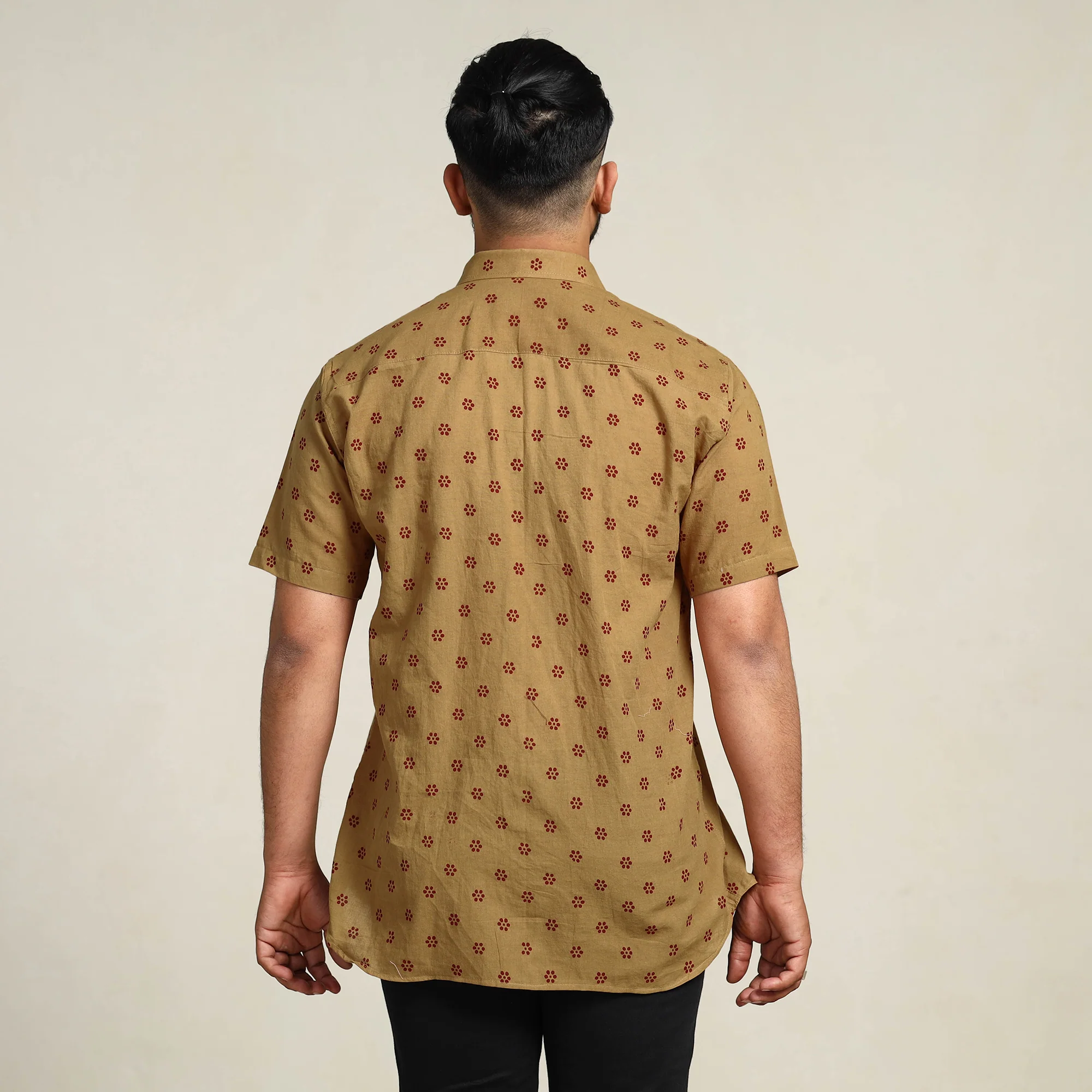 Brown - Bagh Hand Block Printed Cotton Men Half Sleeve Shirt - Image 6